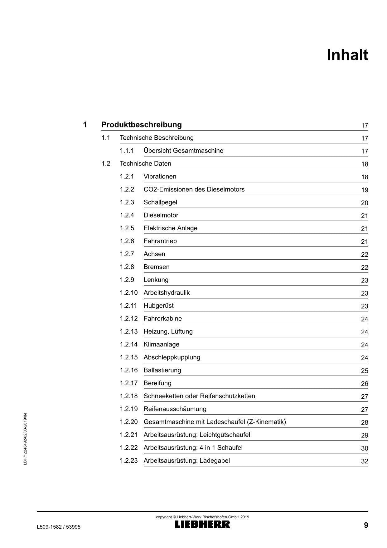 Liebherr L509 Radlader Betriebsanleitung Typ 1582