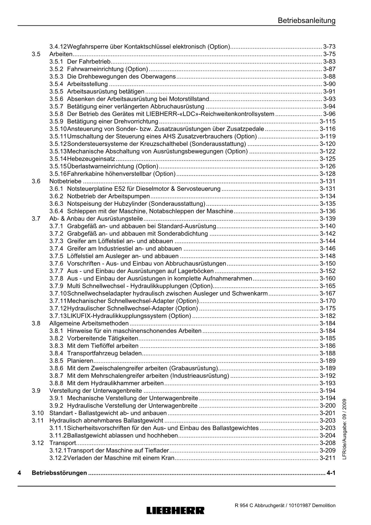 Liebherr R954 C Abbruchgerät 23166 Hydraulikbagger Betriebsanleitung