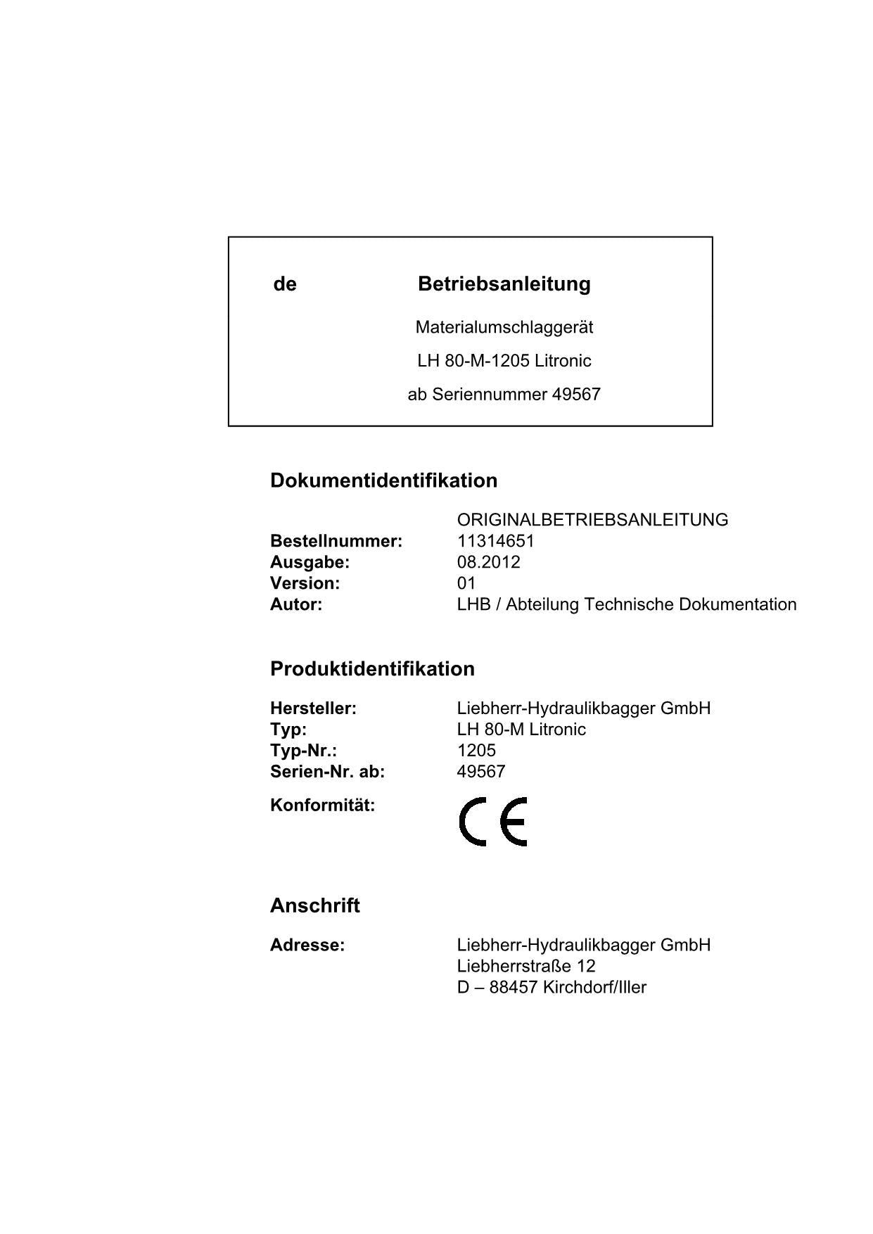 Liebherr LH80 M 1205 Litronic Materialumschlaggerät Betriebsanleitung