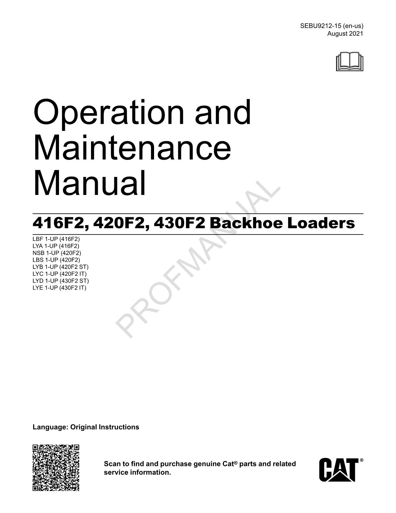 Caterpillar 416F2 420F2 430F2 Backhoe Loader Operators Manual SEBU9212