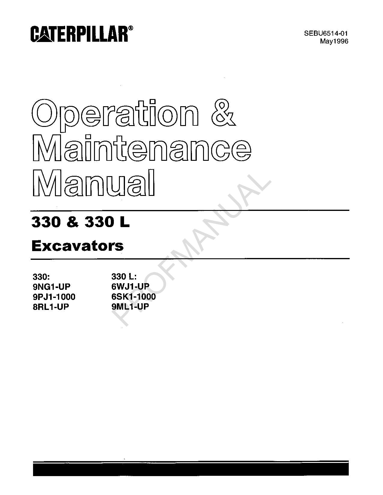 Manuel d'entretien de l'opérateur de la pelle Caterpillar 330 330L SEBU6514