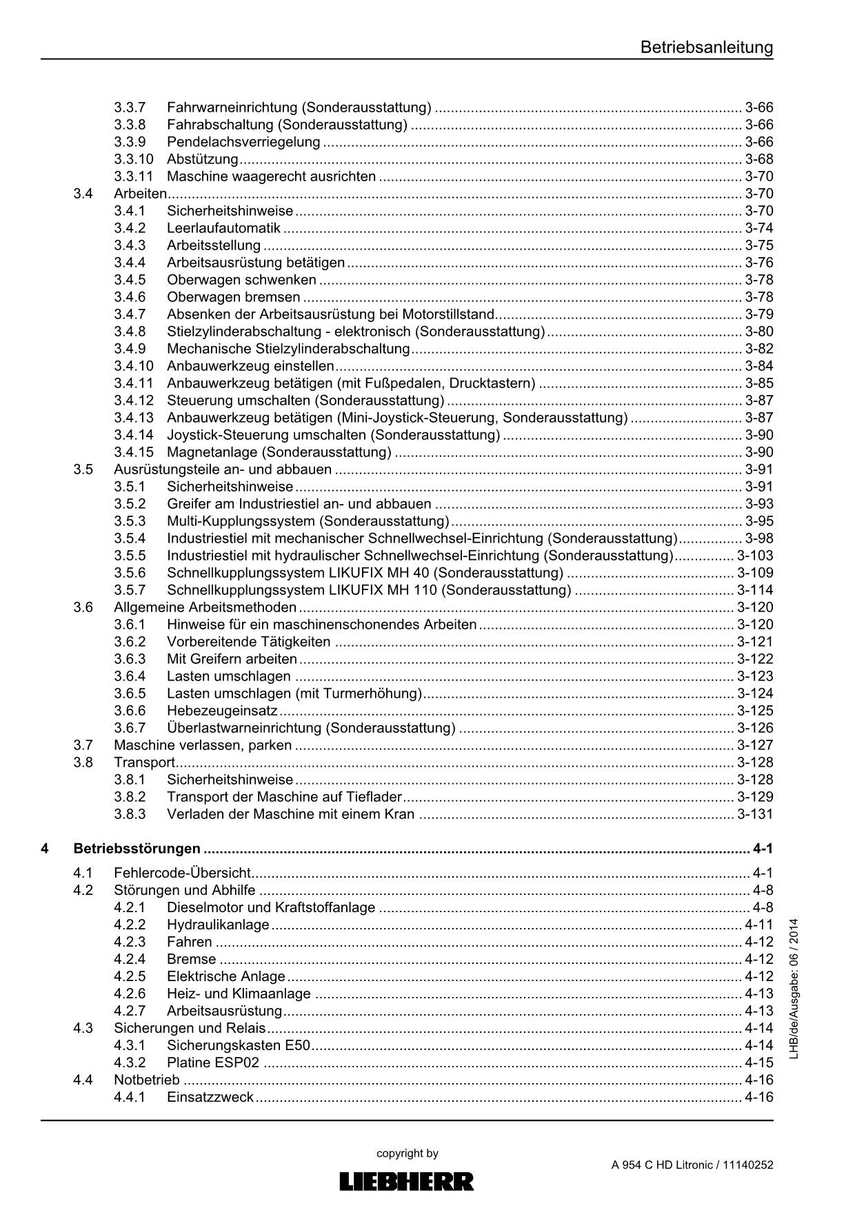 Liebherr A954 C HD Litronic Umschlaggerät Betriebsanleitung 11140252