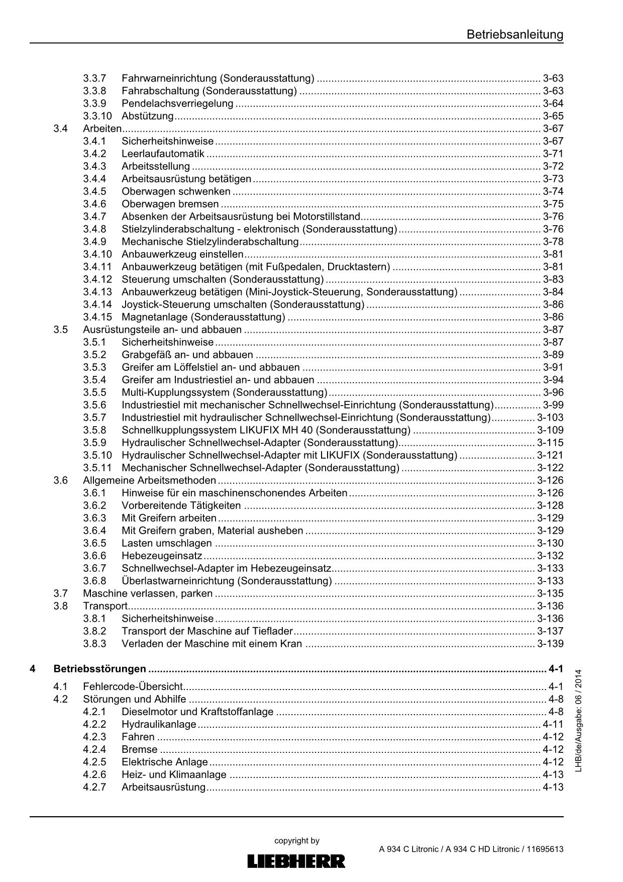 Liebherr A934 C A934 C HD Litronic Umschlaggerät Betriebsanleitung 57105