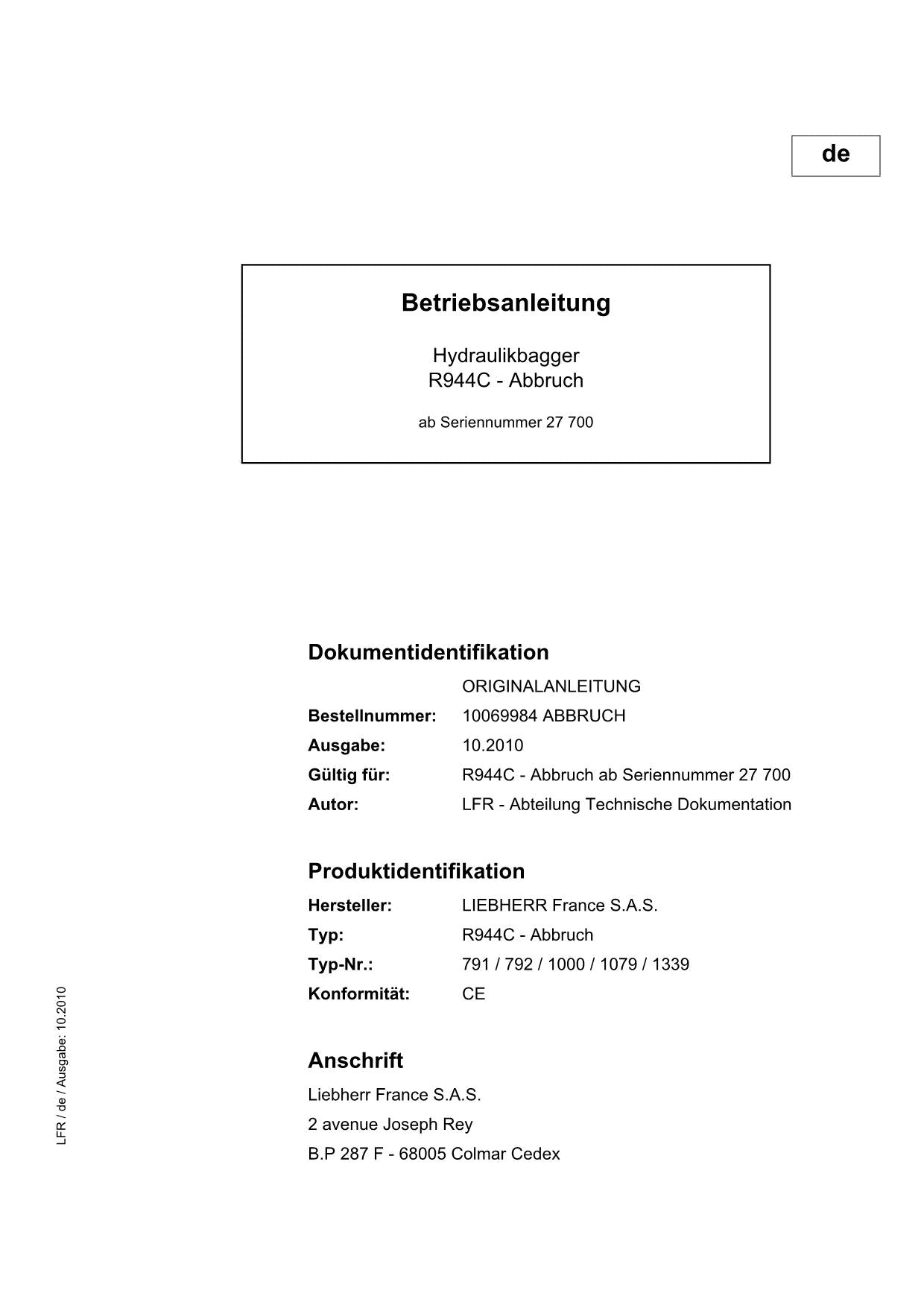 Liebherr R944 C Abbruch 27700 Hydraulikbagger Manuel d'instructions