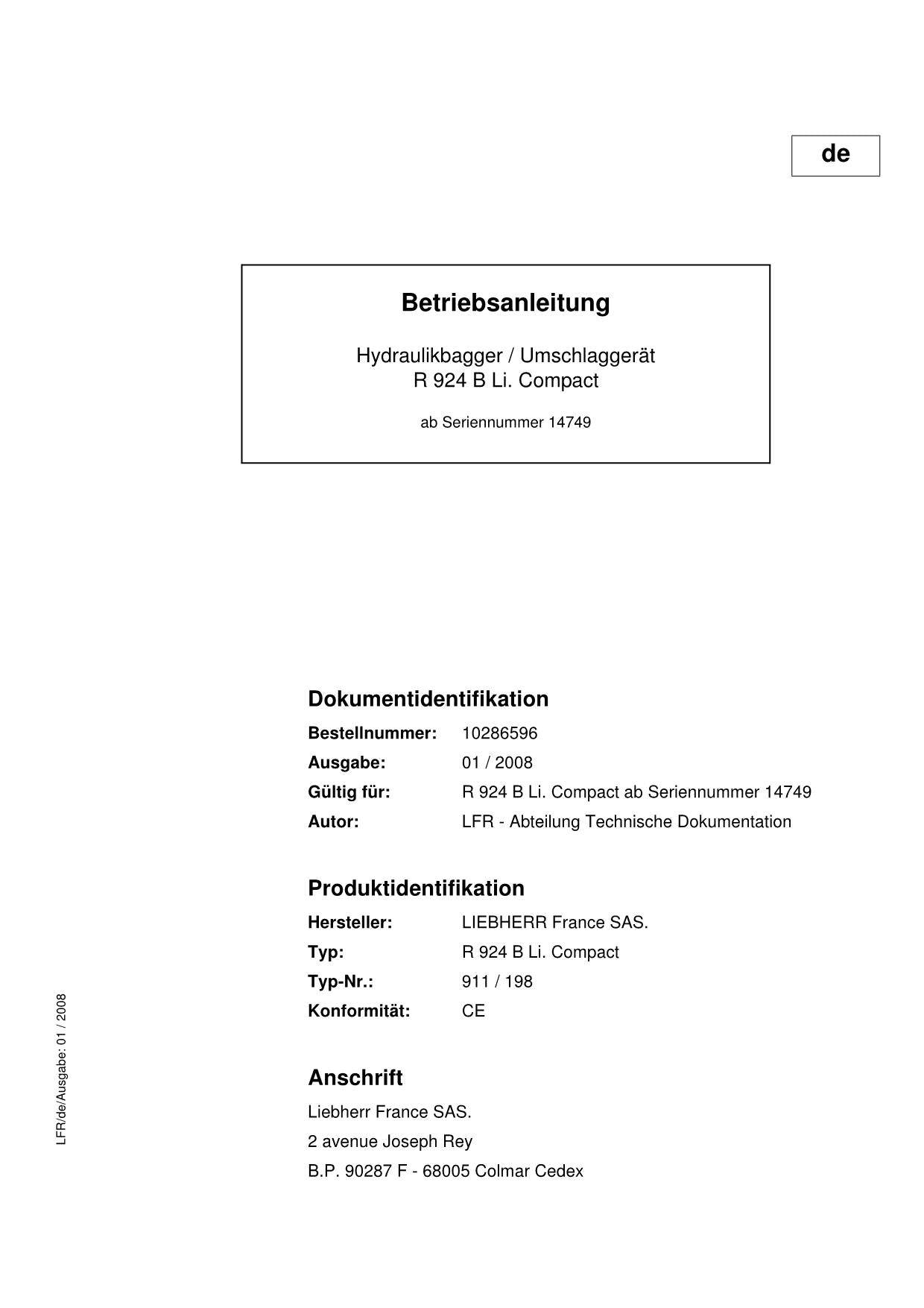 Liebherr R924 B Li. Compact Hydraulikbagger Umschlaggerät Betriebsanleitung