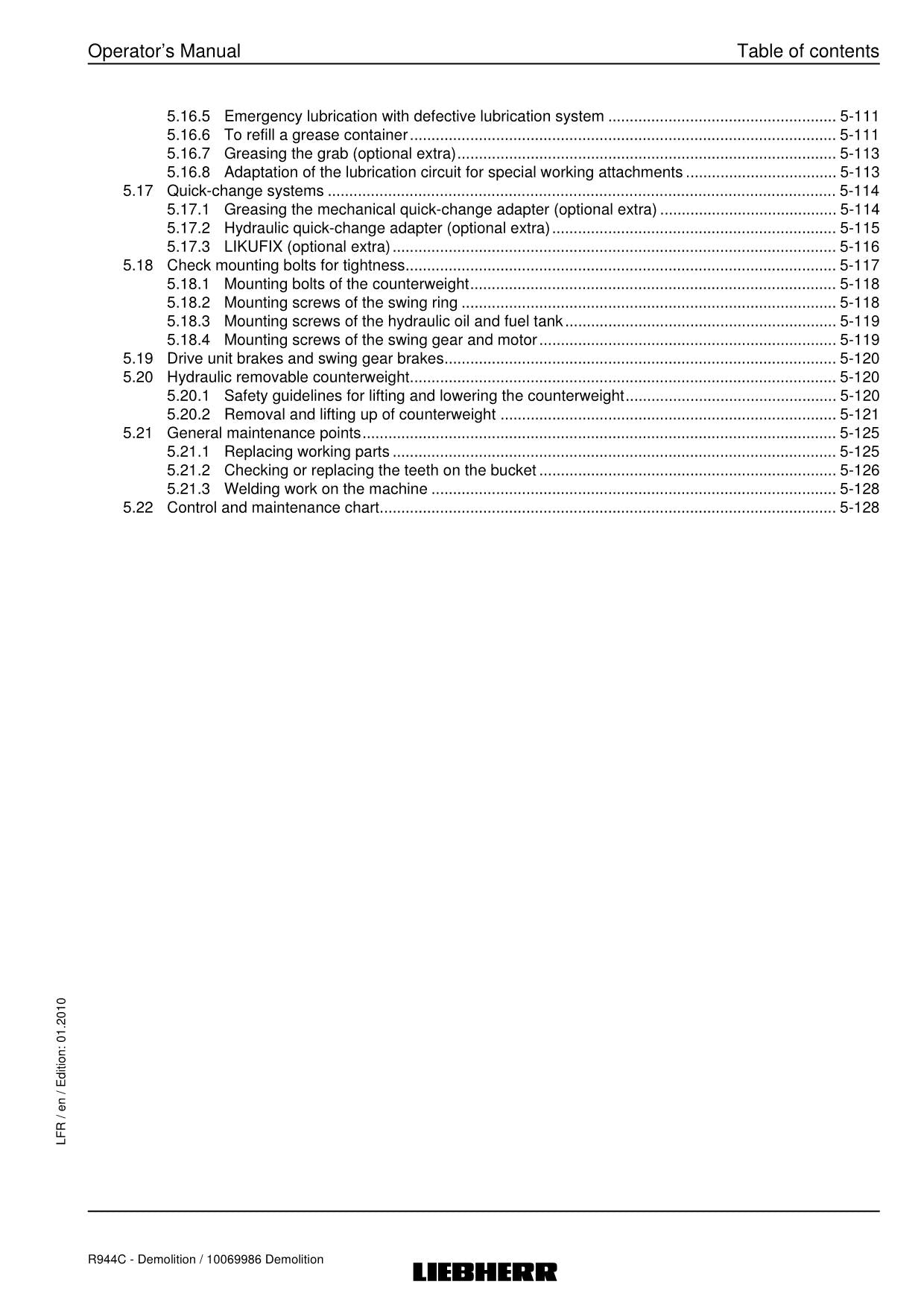 Manuel d'utilisation de la pelle de démolition Liebherr R944 C, numéro de série 27700