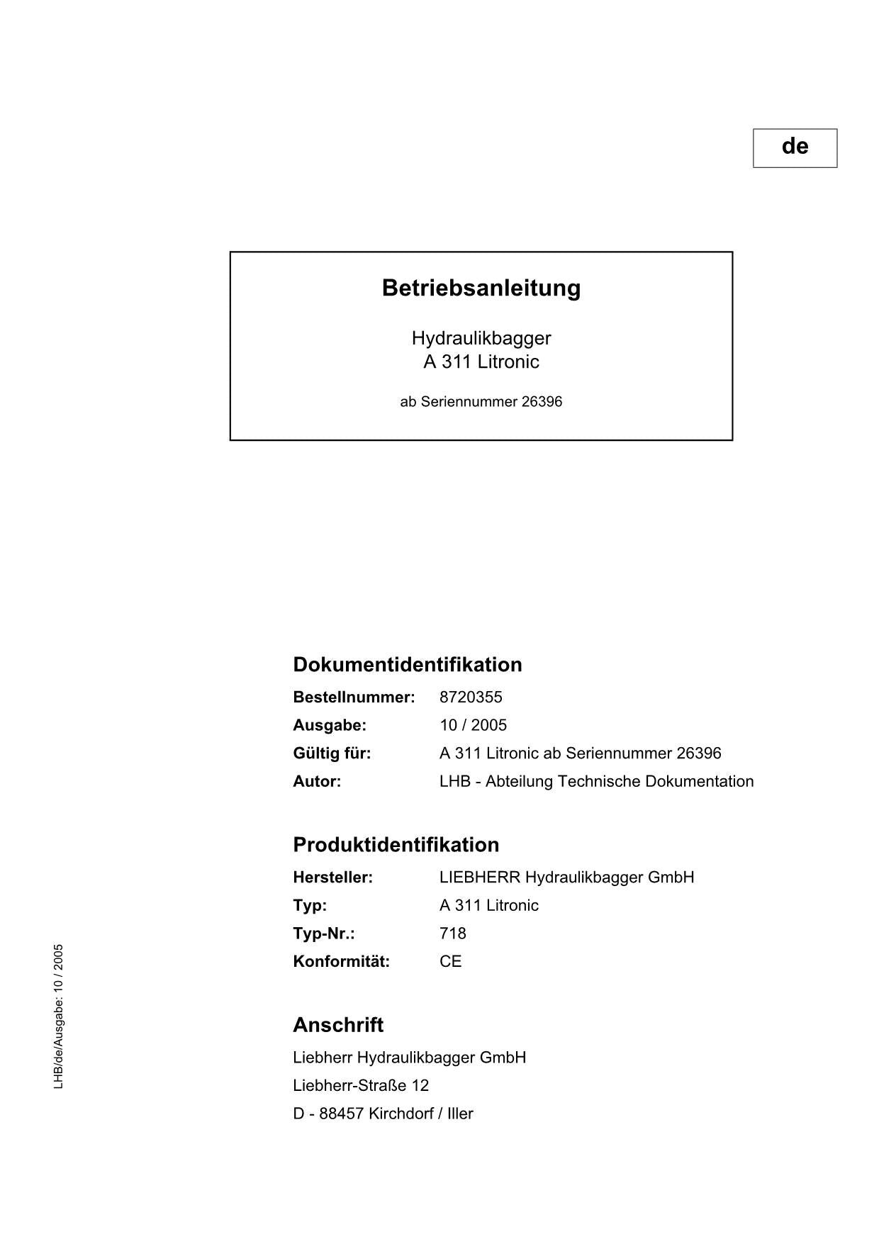 Liebherr A311 Litronic Hydraulikbagger Betriebsanleitung ser 718/26396