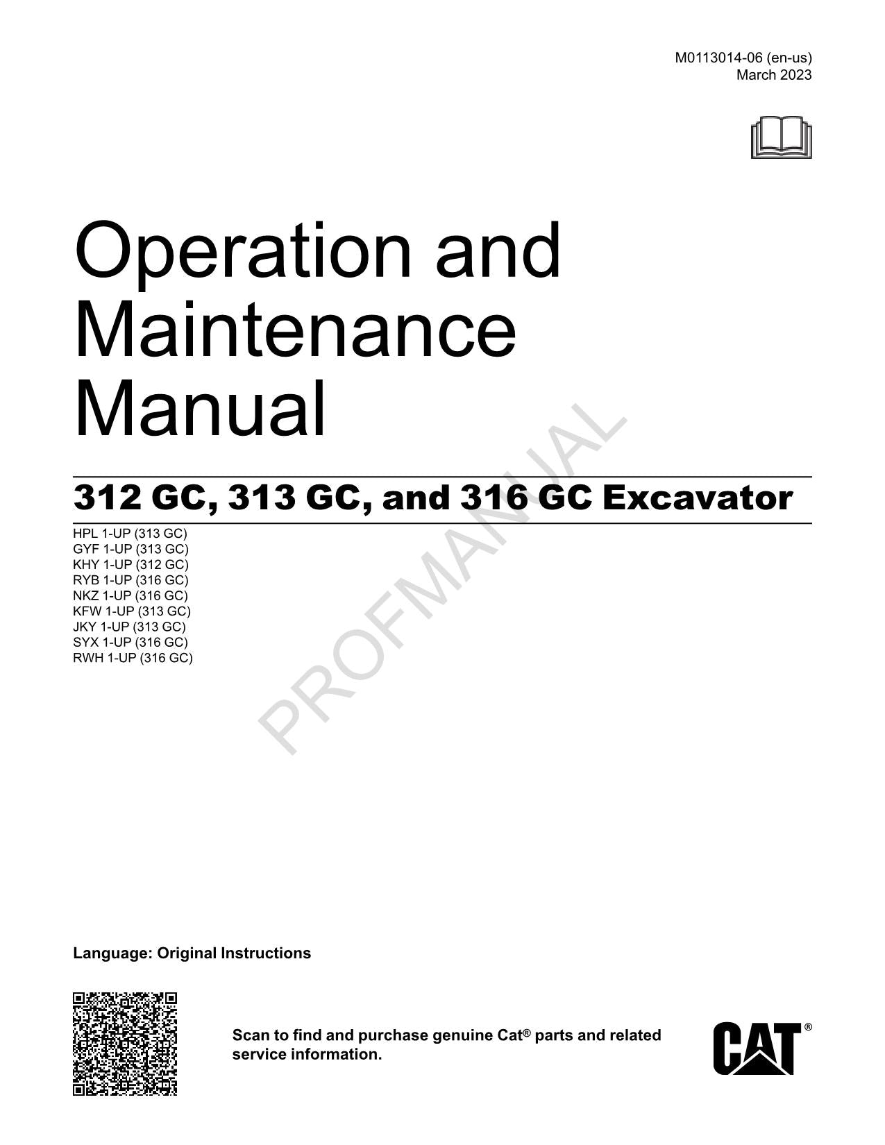 Manuel d'entretien des excavatrices Caterpillar 312 GC 313 GC 316 GC