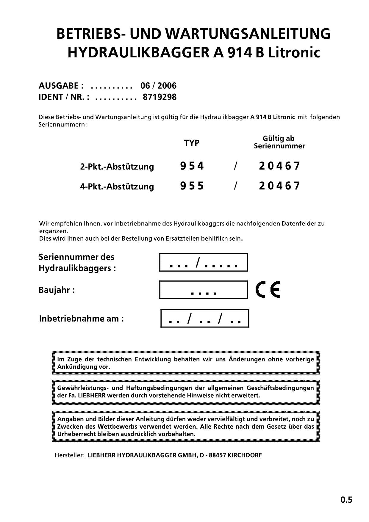 Liebherr A914 B Litronic Hydraulikbagger Betriebsanleitung Wartungsanleitung