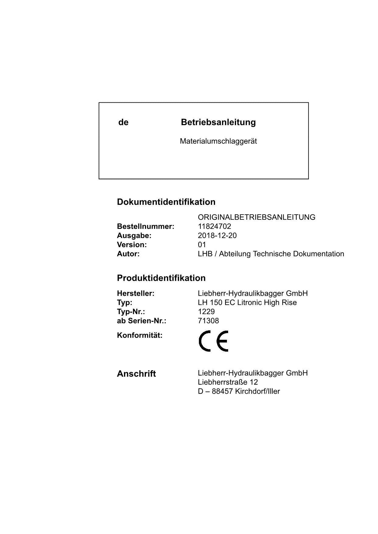 Liebherr LH150 EC Litronic High Rise Materialumschlagmaschine Betriebsanleitung