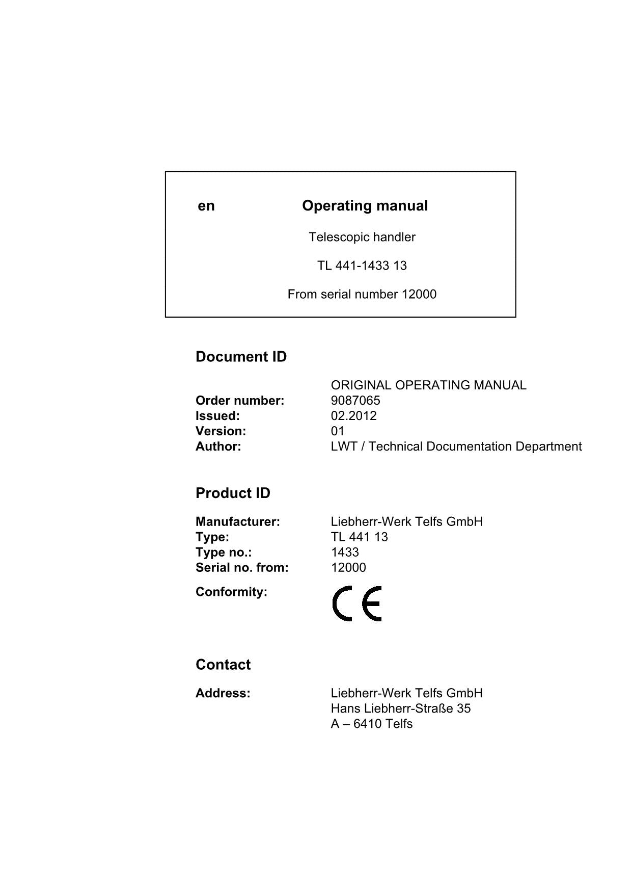 Liebherr TL441-1433 13 Telescopic handler Operators manual