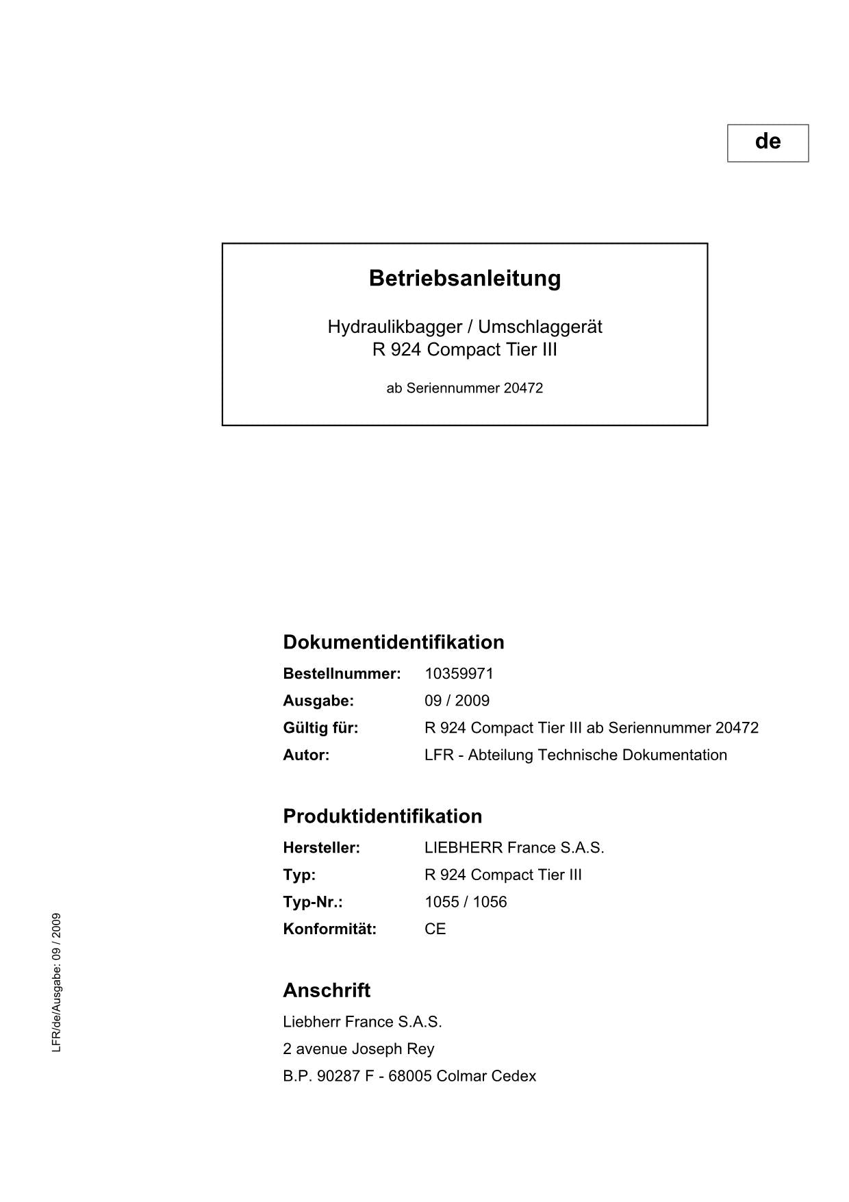 Liebherr R924 CompacTTieRIII Hydraulikbagger Betriebsanleitung ser 20472