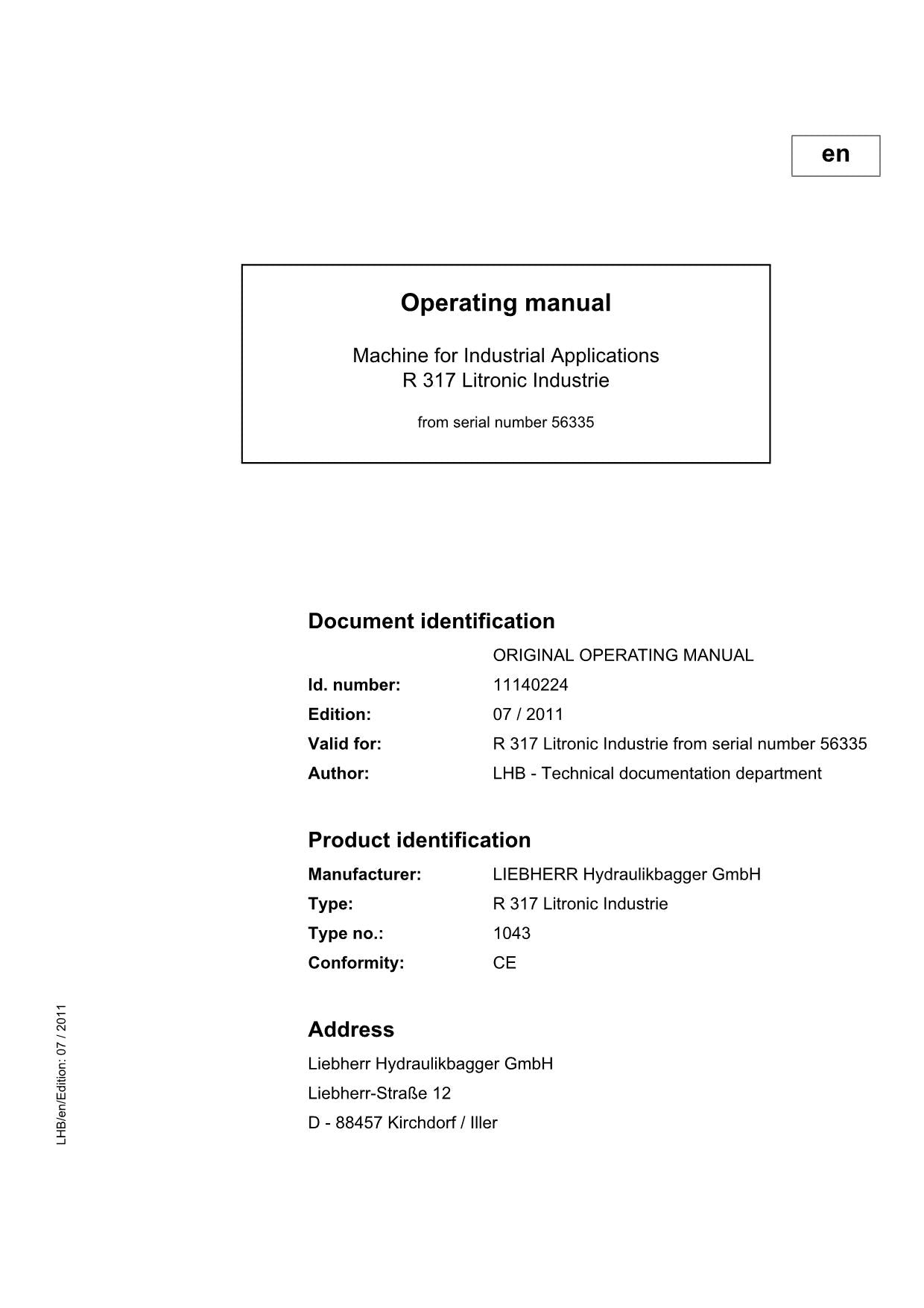 Manuel d'utilisation de la pelle Liebherr R317 Litronic Industrie