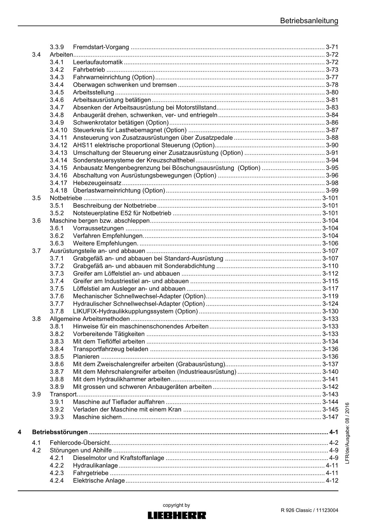 Liebherr R926 Classic Hydraulikbagger Betriebsanleitung ser 27976