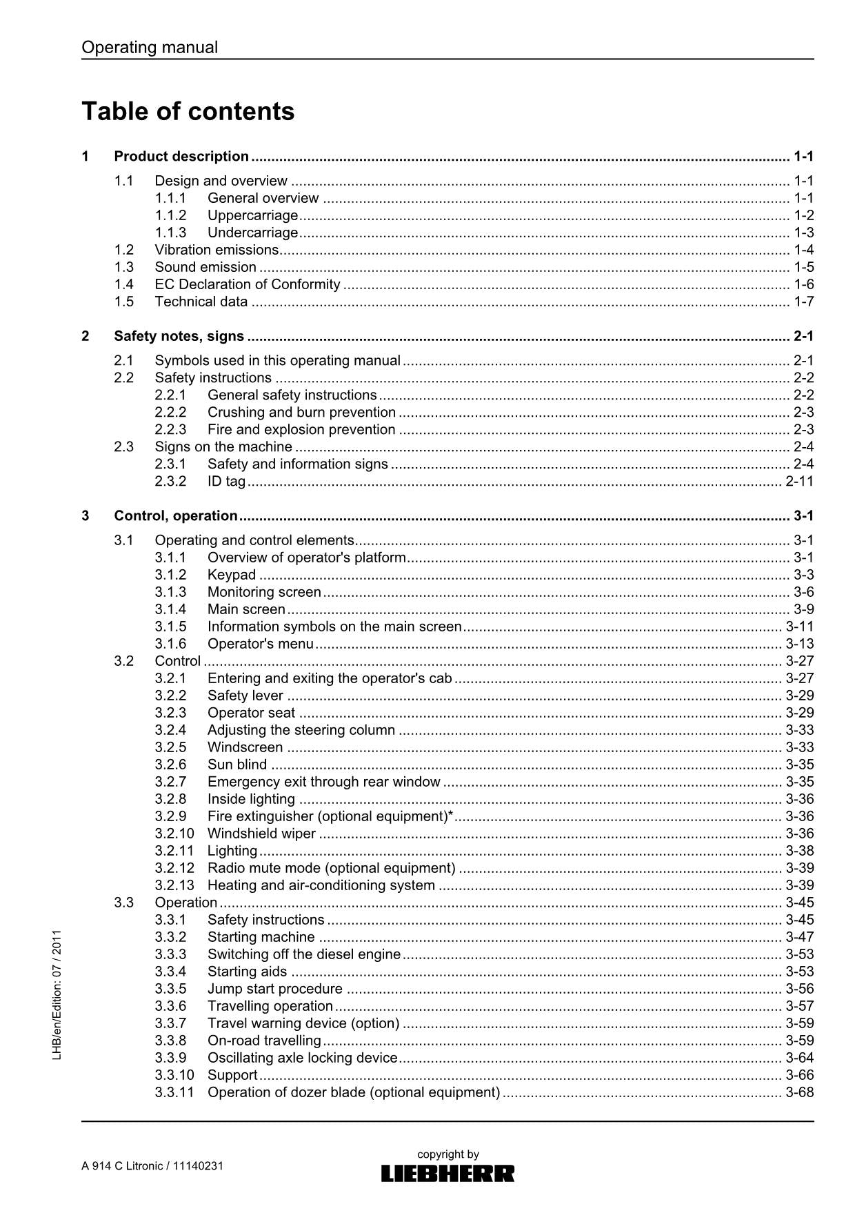 Liebherr A914 C Litronic Excavator Operators manual