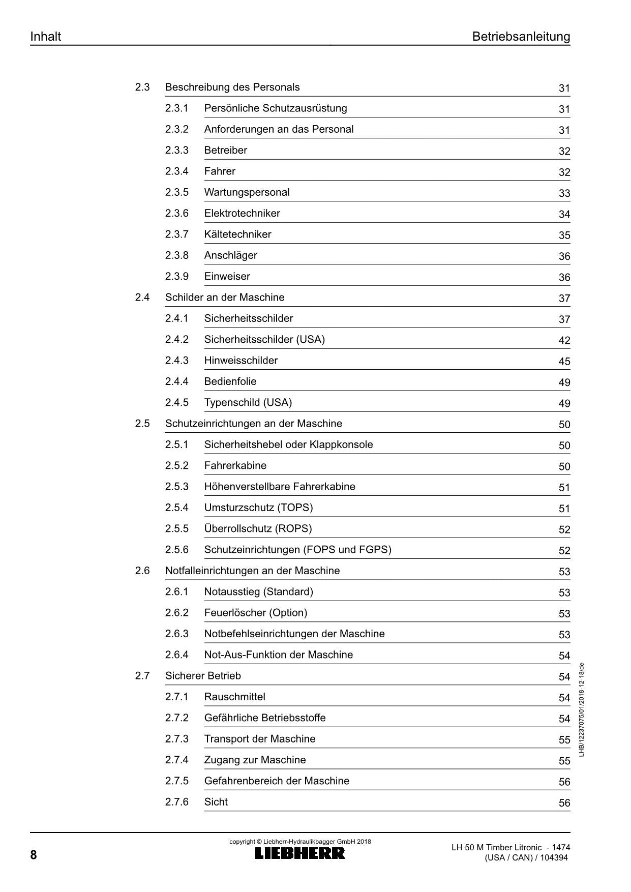 Liebherr LH50 M TimbeRLitronic Materialumschlaggerät Betriebsanleitung 1474 USA