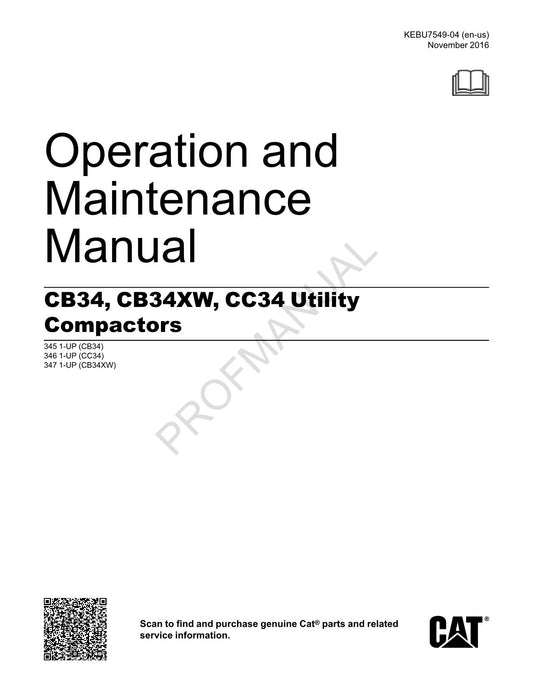 Caterpillar CB34 CB34XW CC34 Utility Compactor Operators Maintenance Manual