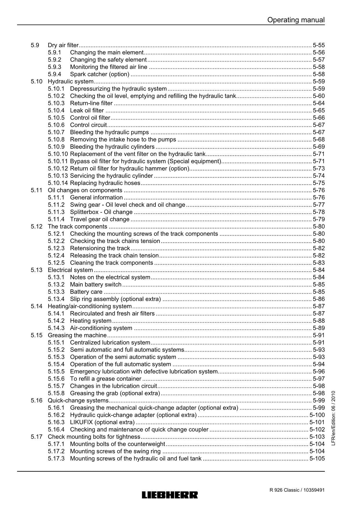 Liebherr R926 Classic Excavator Operators manual serial 27651