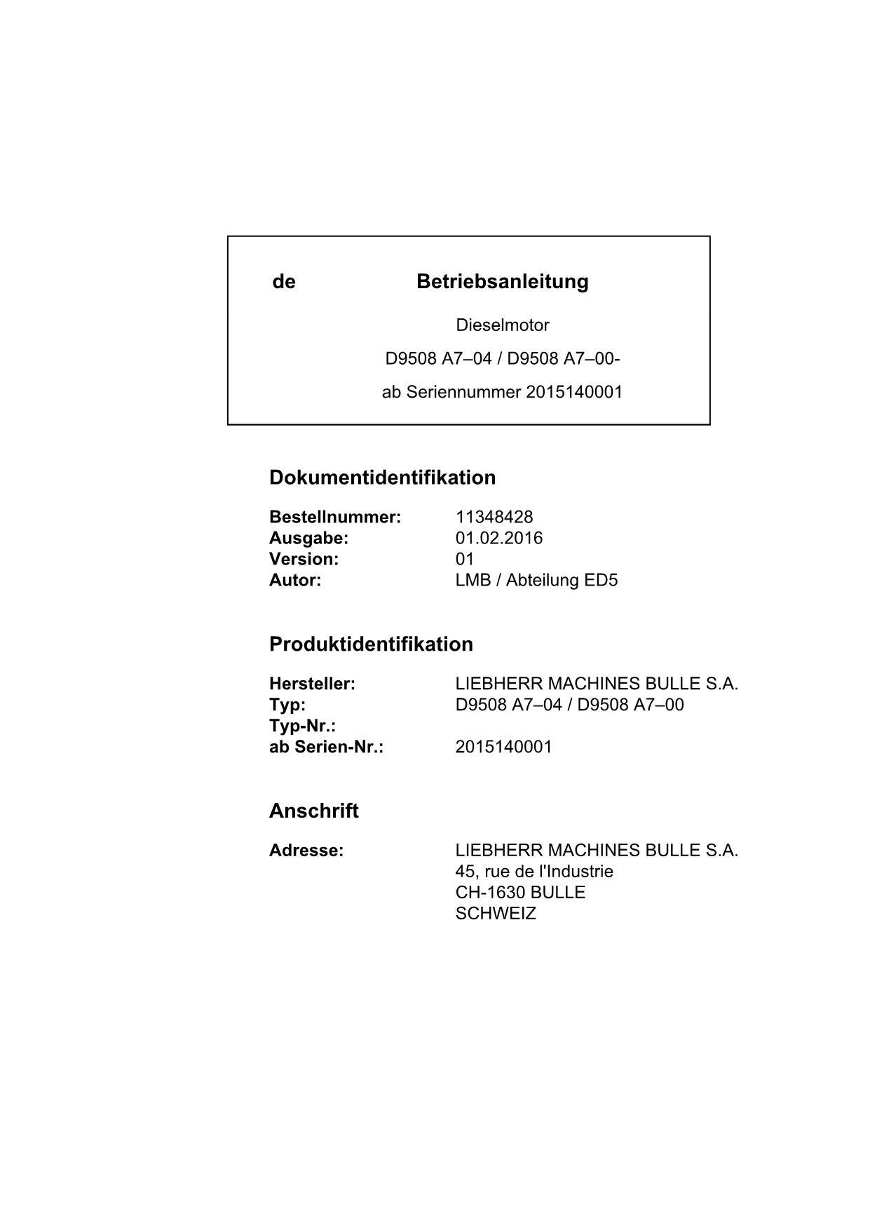 Liebherr D9508 A7-04 D9508 A7-00 Moteur diesel Manuel d'instructions