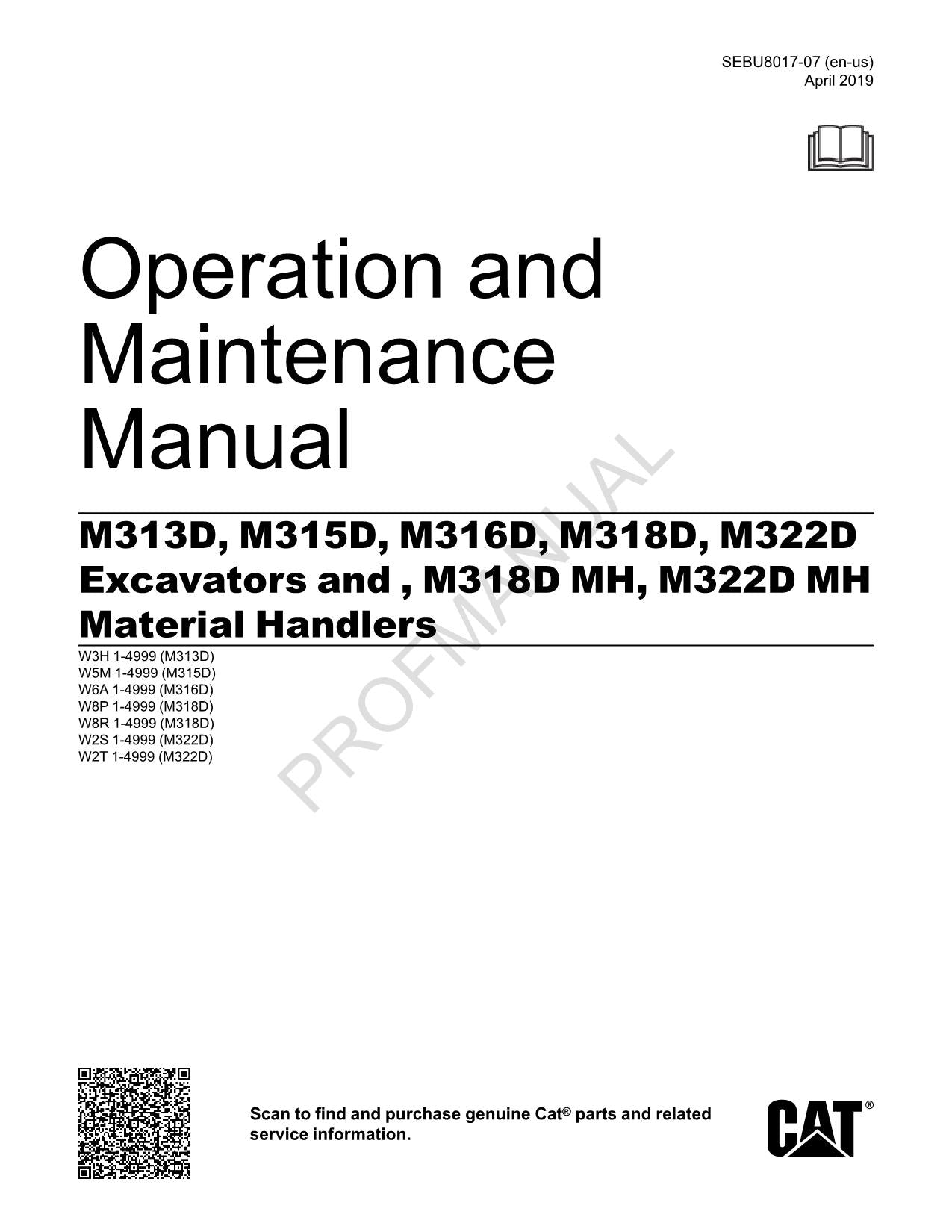 Caterpillar M313D M315D M316D M318D Excavator Operators Manual