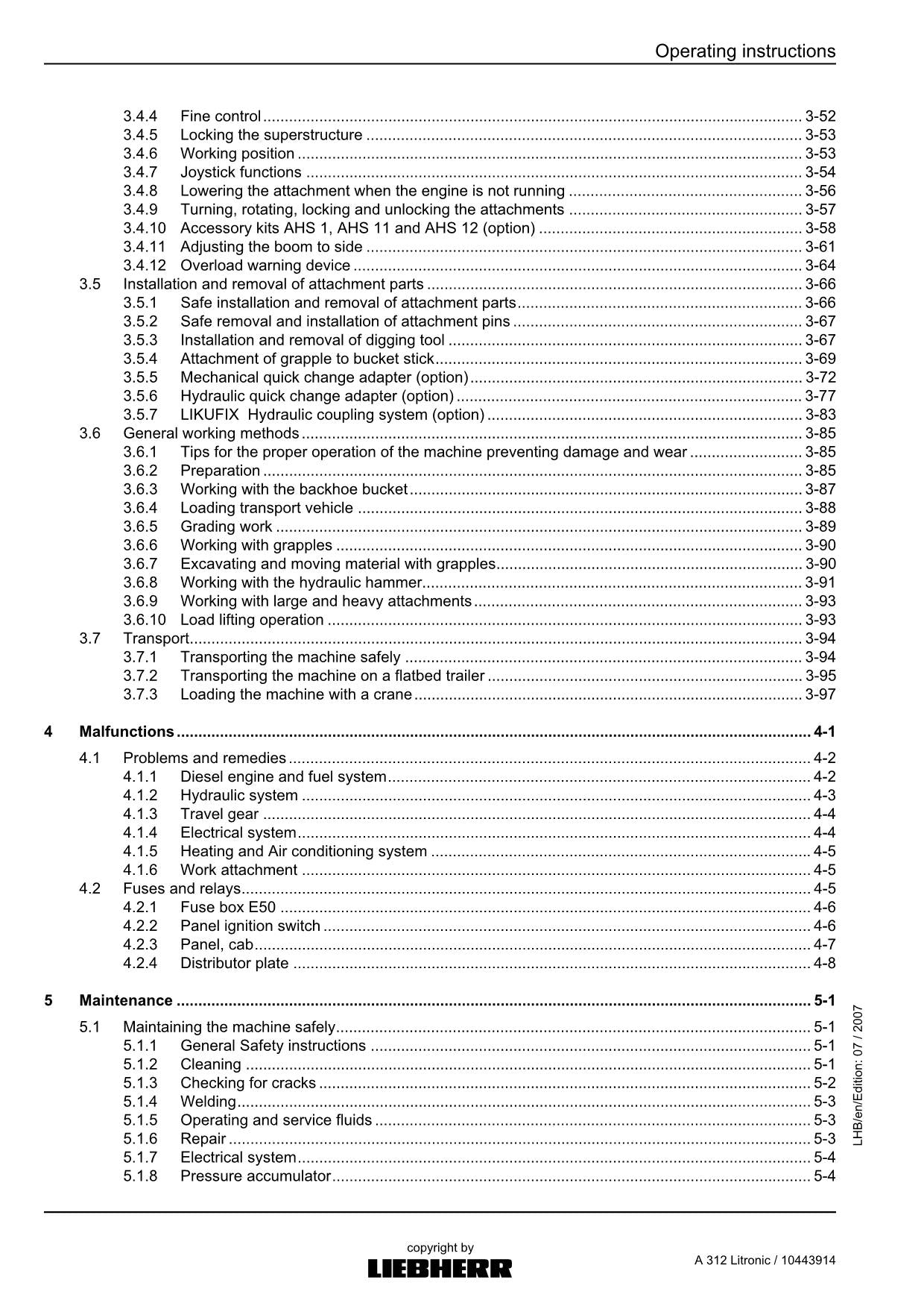 Liebherr A312 Litronic Excavator  Operators manual