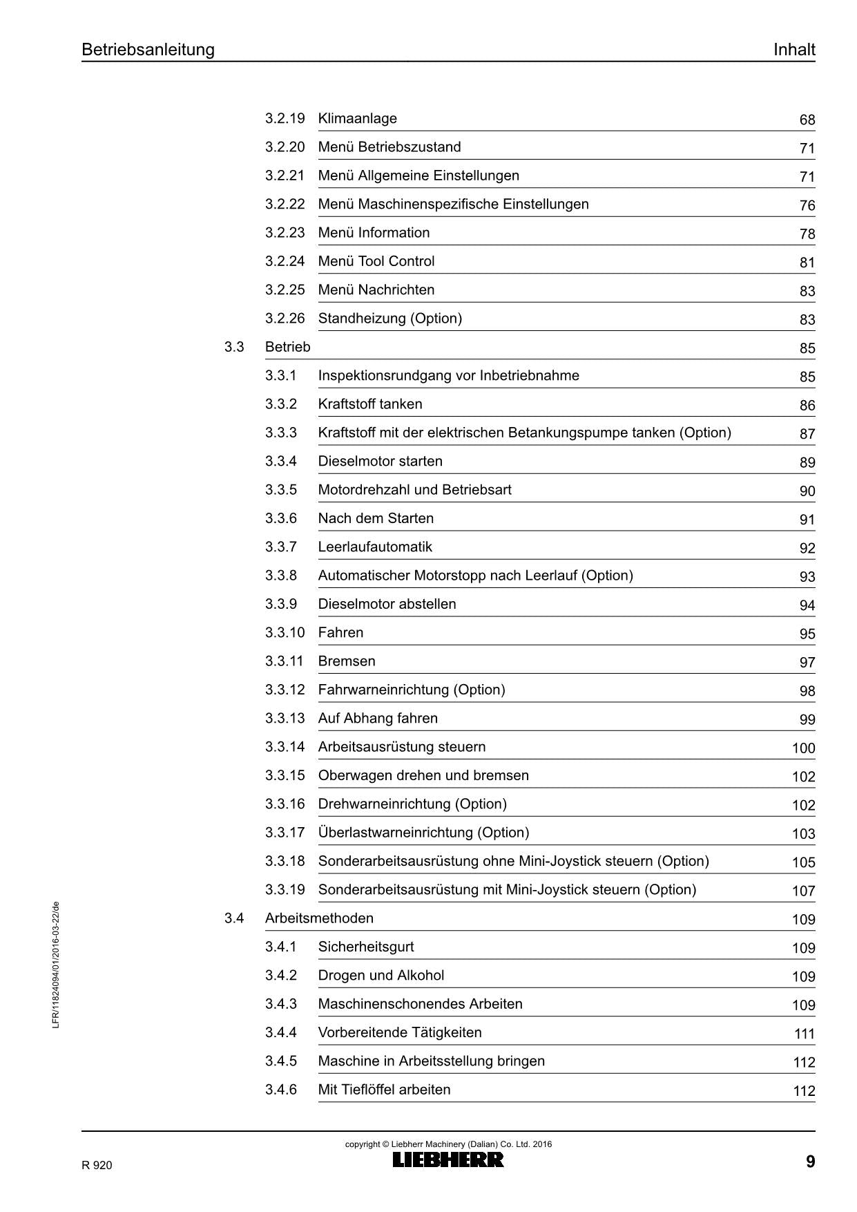 Liebherr R920 bagger Betriebsanleitung