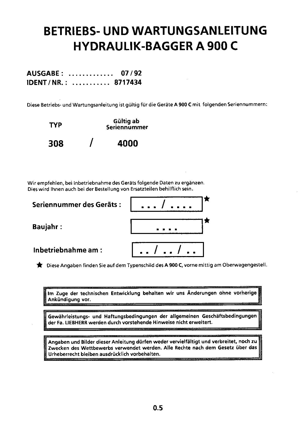 Liebherr A900 C Hydraulikbagger Betriebsanleitung Wartungsanleitung