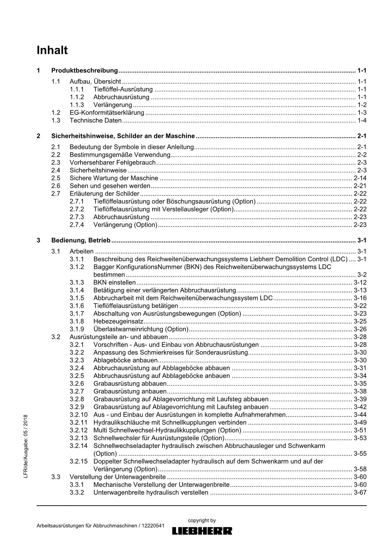 Liebherr R954C Abbruch Arbeitsausrüstungen Abbruchmaschinen Betriebsanleitung