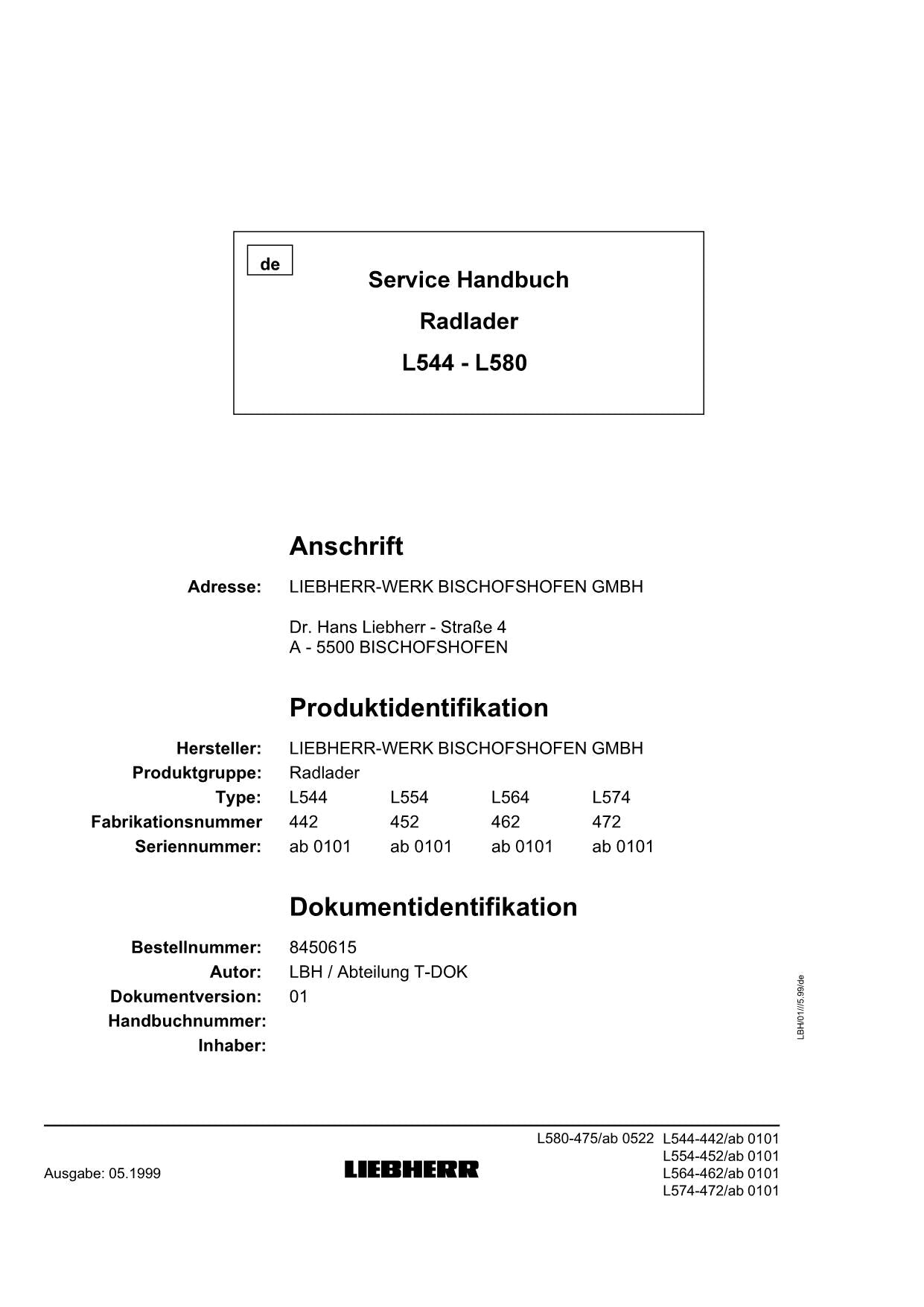 Liebherr L544 L564 L574 L580 Radlader Reparaturhandbuch Werkstatthhandbuch