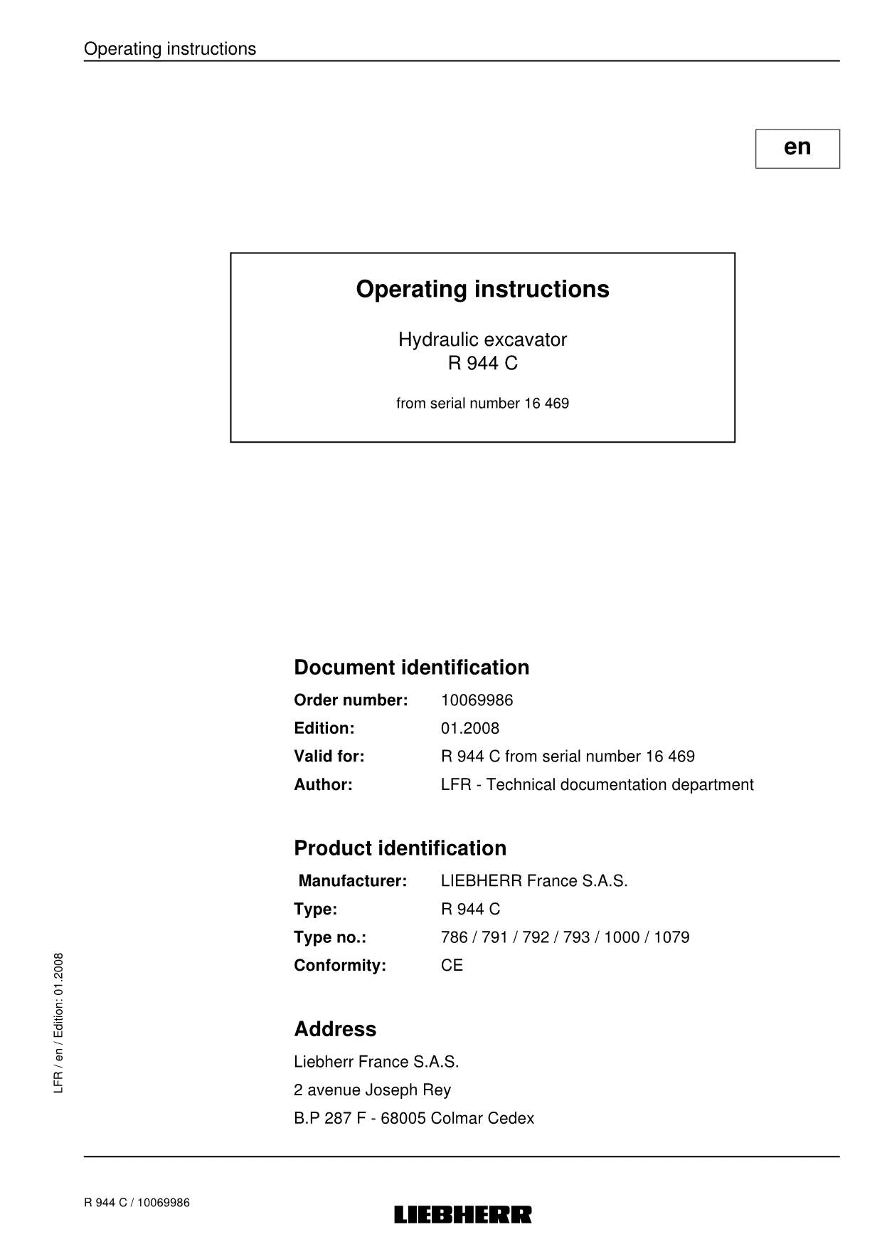 Liebherr R944 C Excavator Operators manual serial 16469