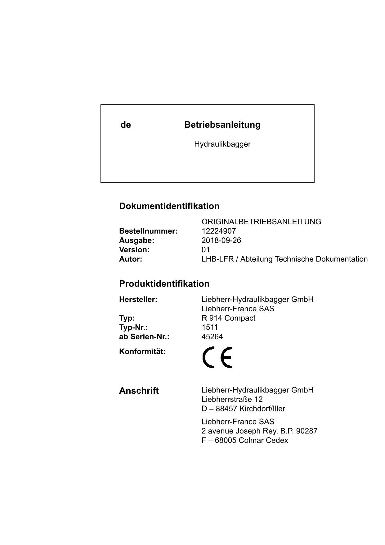 Liebherr R914 Compact Hydraulikbagger Manuel d'instructions ser 45264