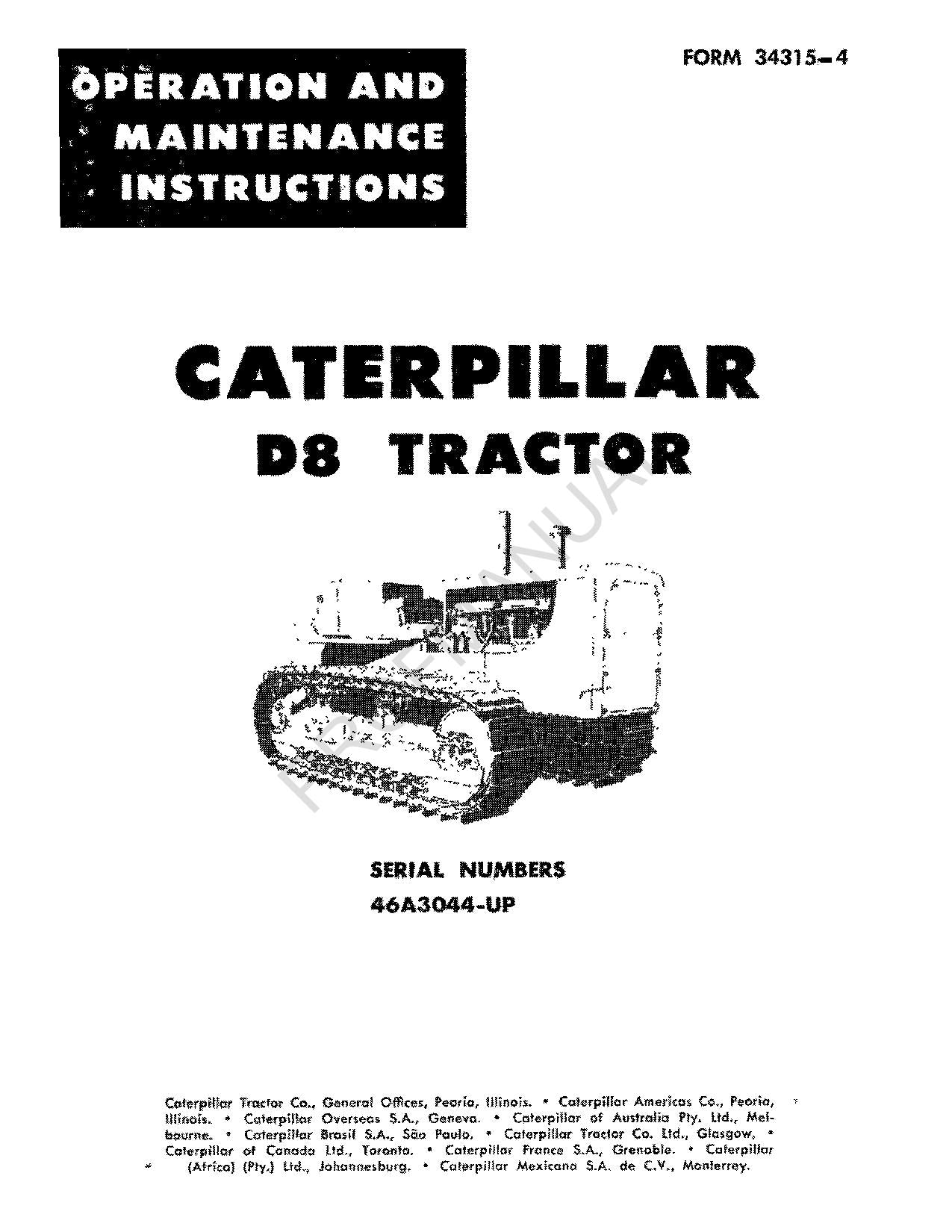 Caterpillar D8 Tractor Operators Maintenance Manual 46A3044-Up