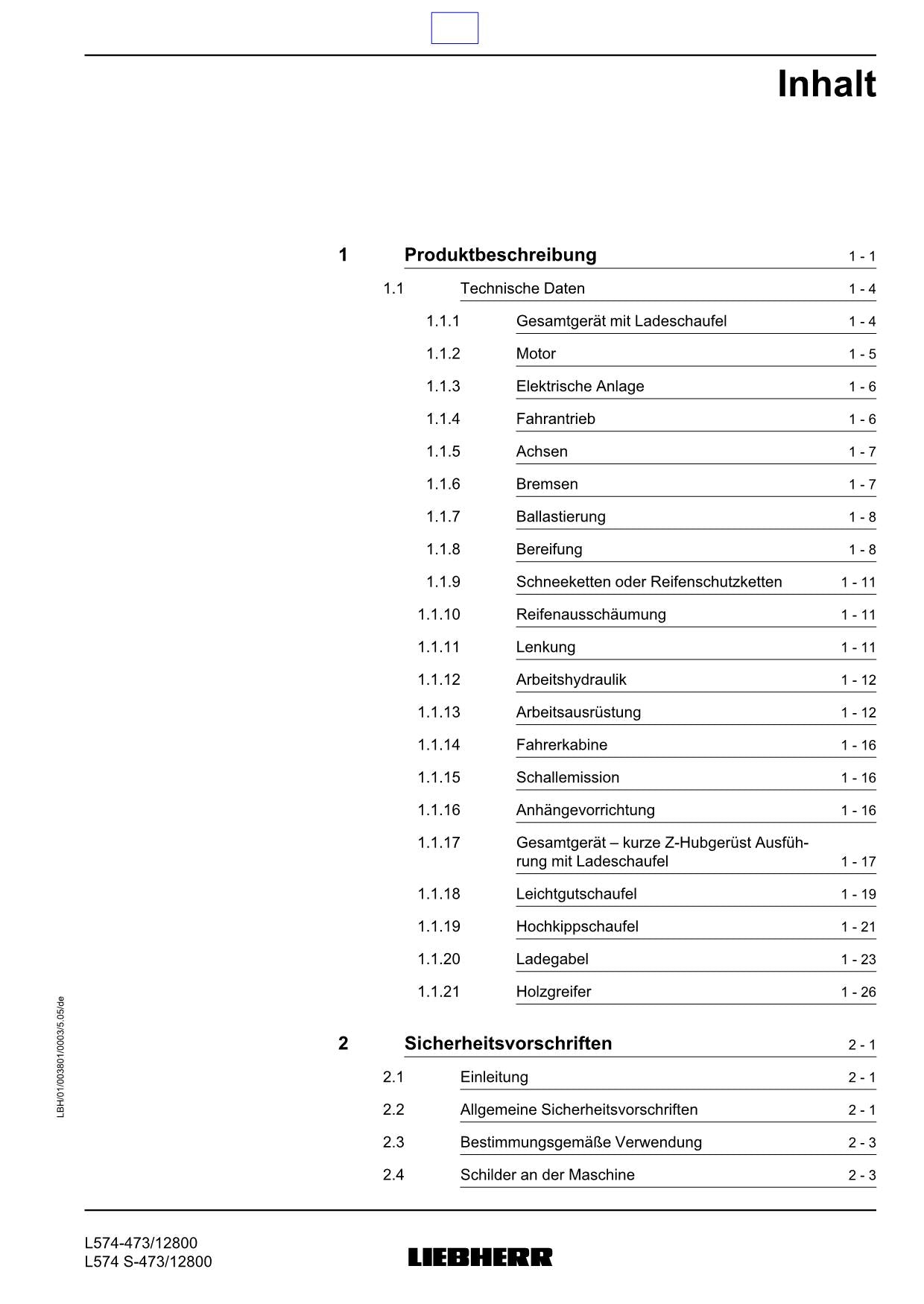 Liebherr L574 L574 S Radlader Betriebsanleitung ser 12800