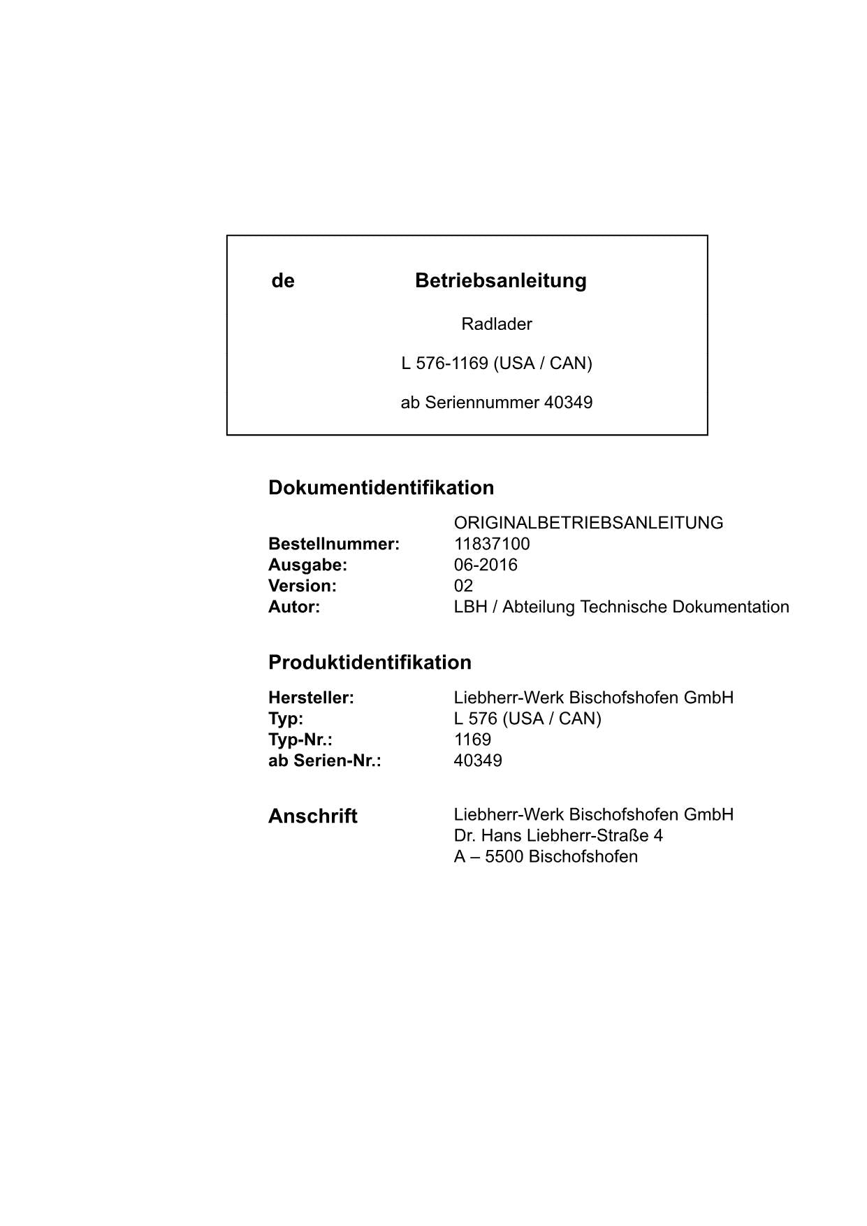 Liebherr L576 USACAN Radlader Betriebsanleitung ser 40349