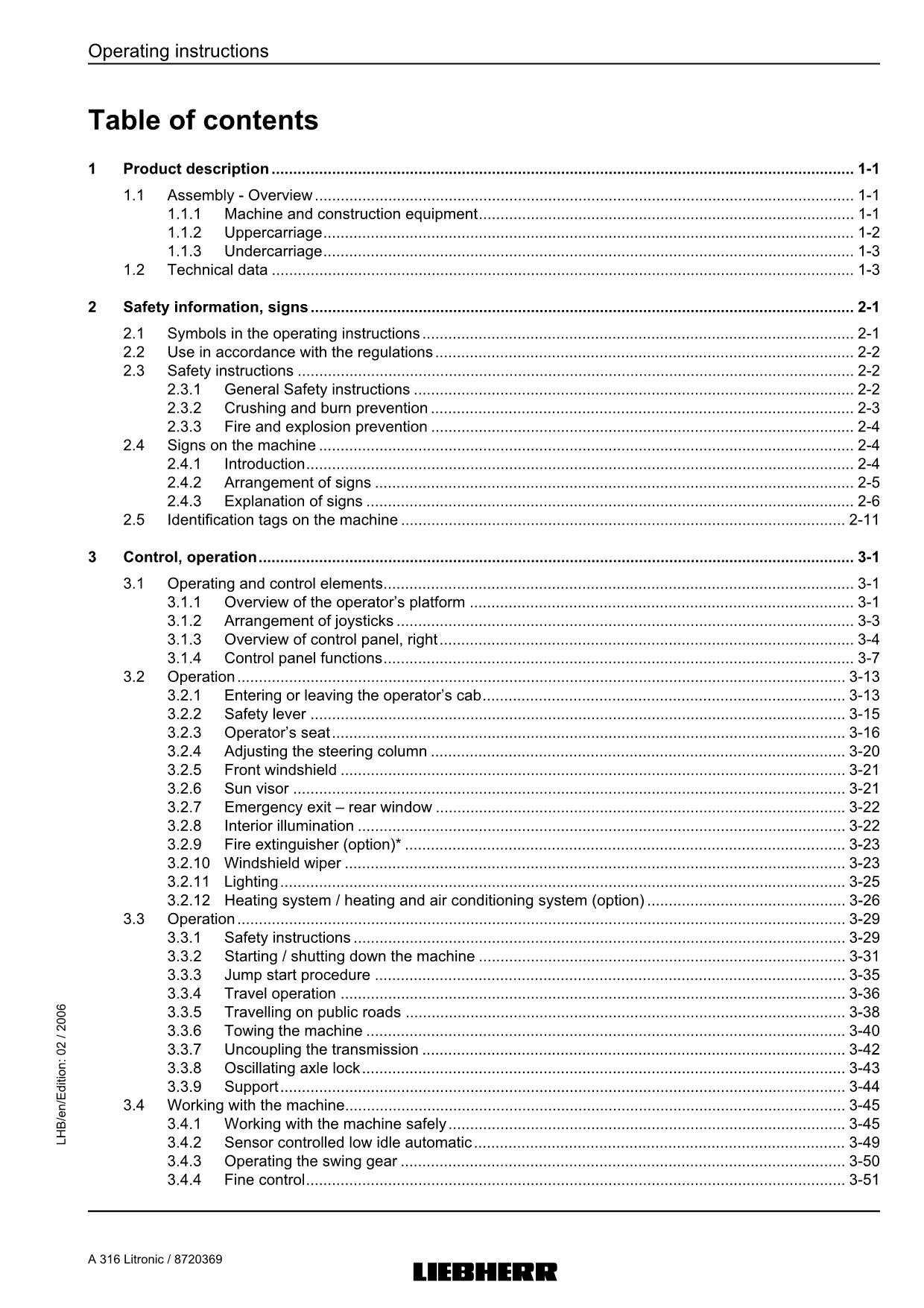 Liebherr A316 Litronic Excavator  Operators manual