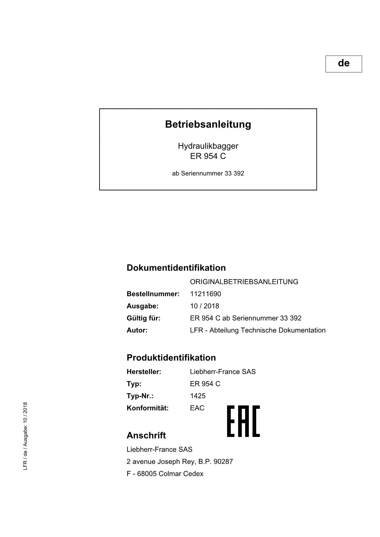 Liebherr ER954 C Hydraulikbagger Betriebsanleitung RU