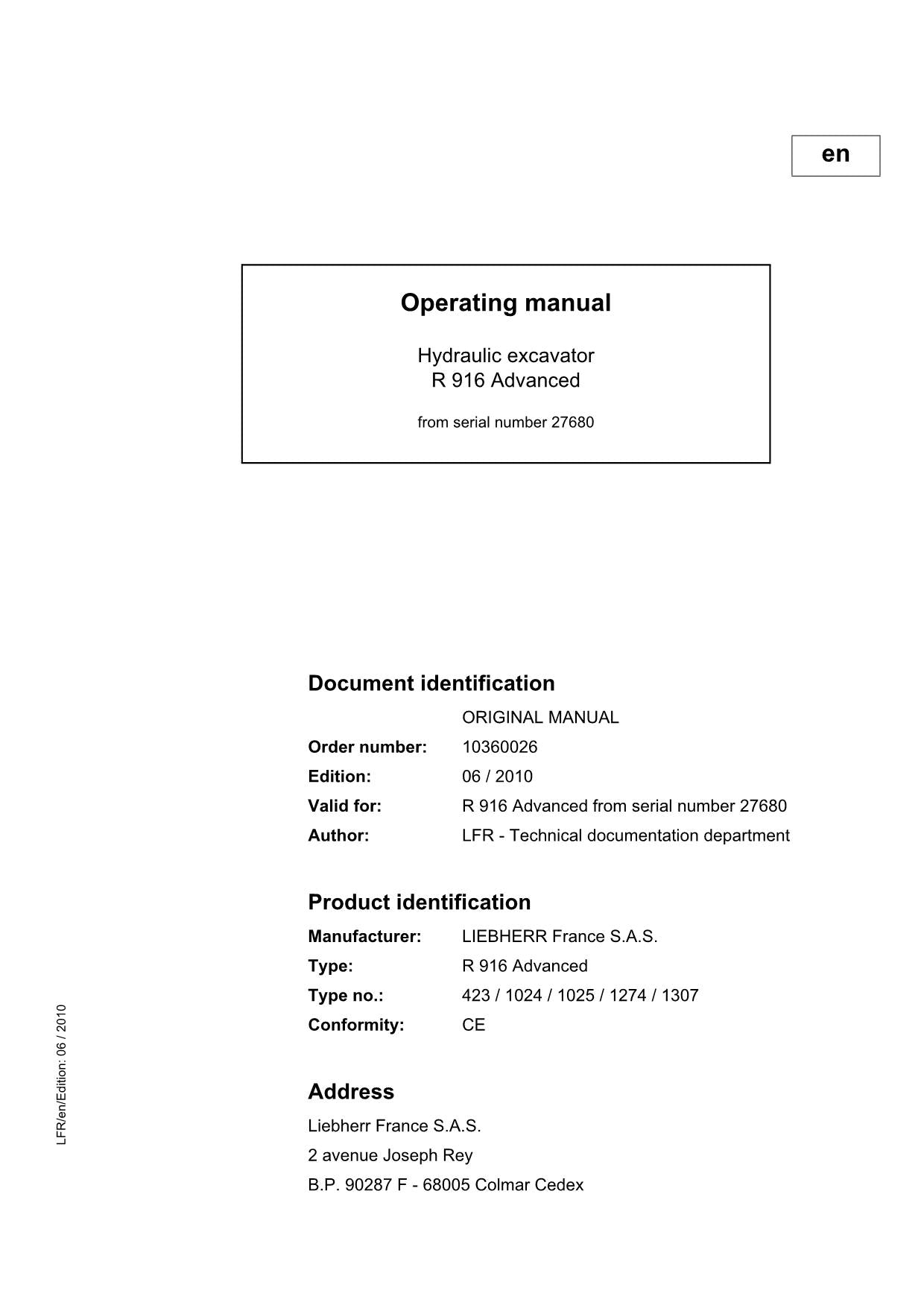 Liebherr R916 Advanced Excavator Operators manual serial 27680