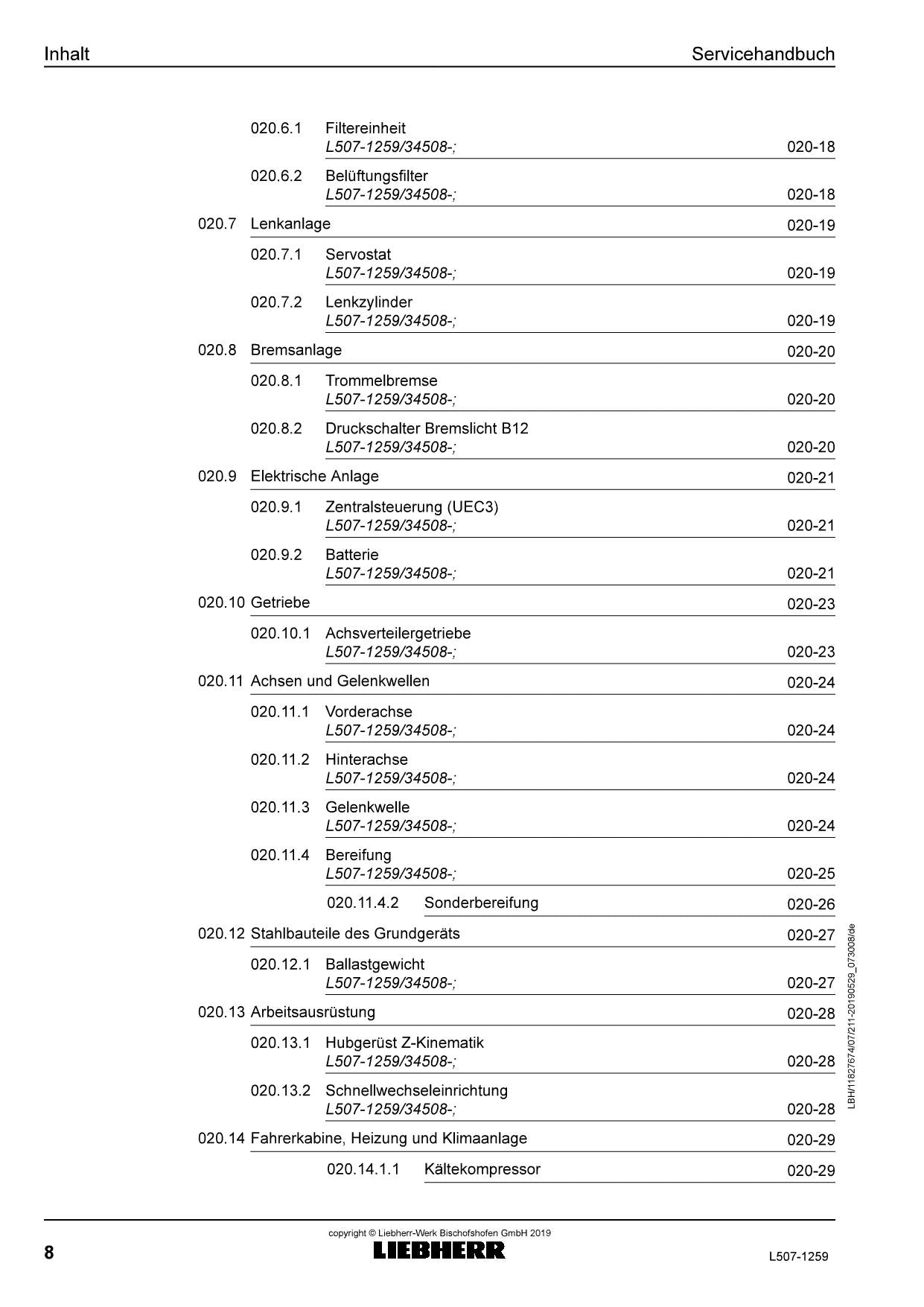 Liebherr L507 1259 Radlader Reparaturhandbuch Werkstatthandbuch