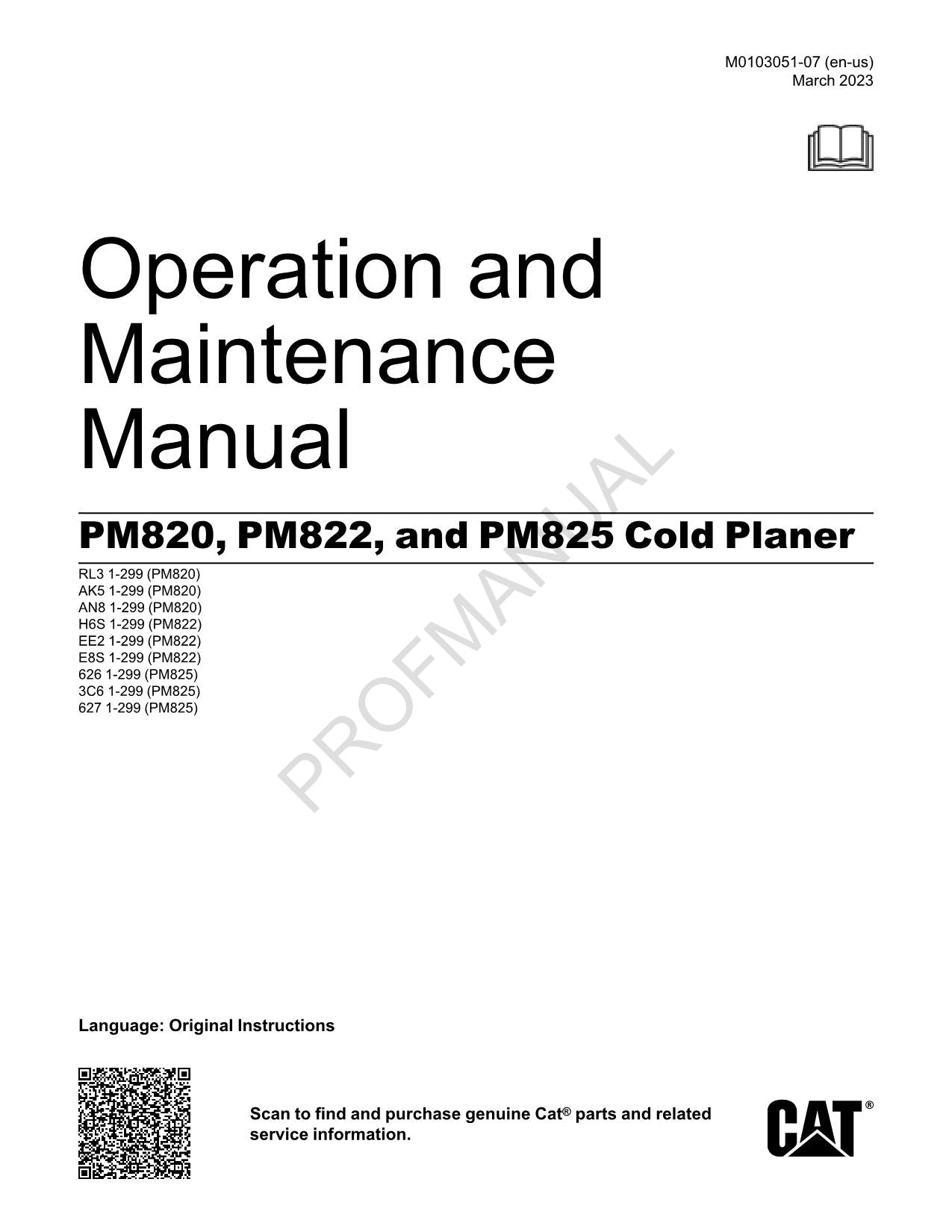 Caterpillar PM820 PM822 PM825 Cold Planer Operators Manual M0103051EN-US