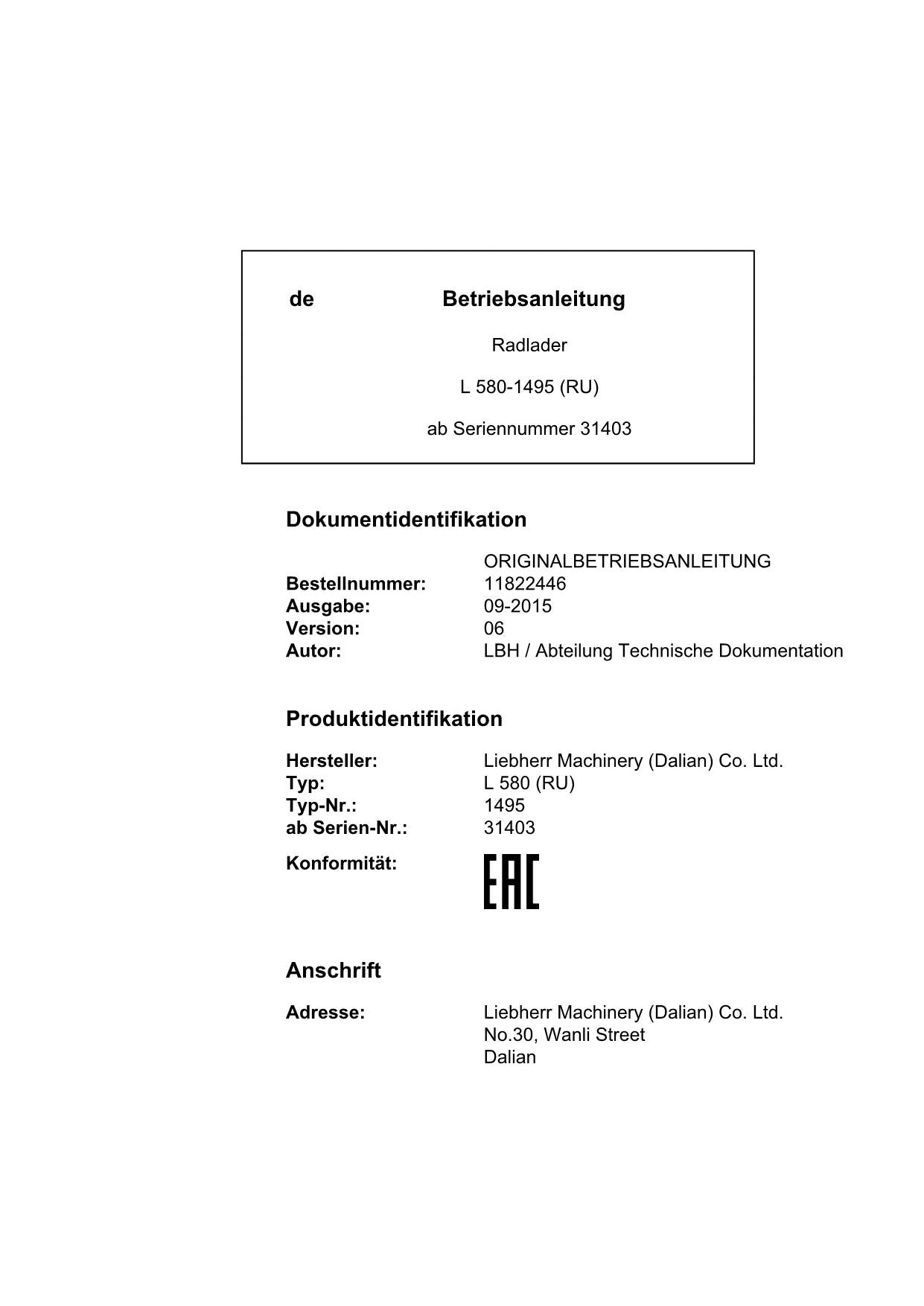 Liebherr L580 RU Radlader Betriebsanleitung ser 31403