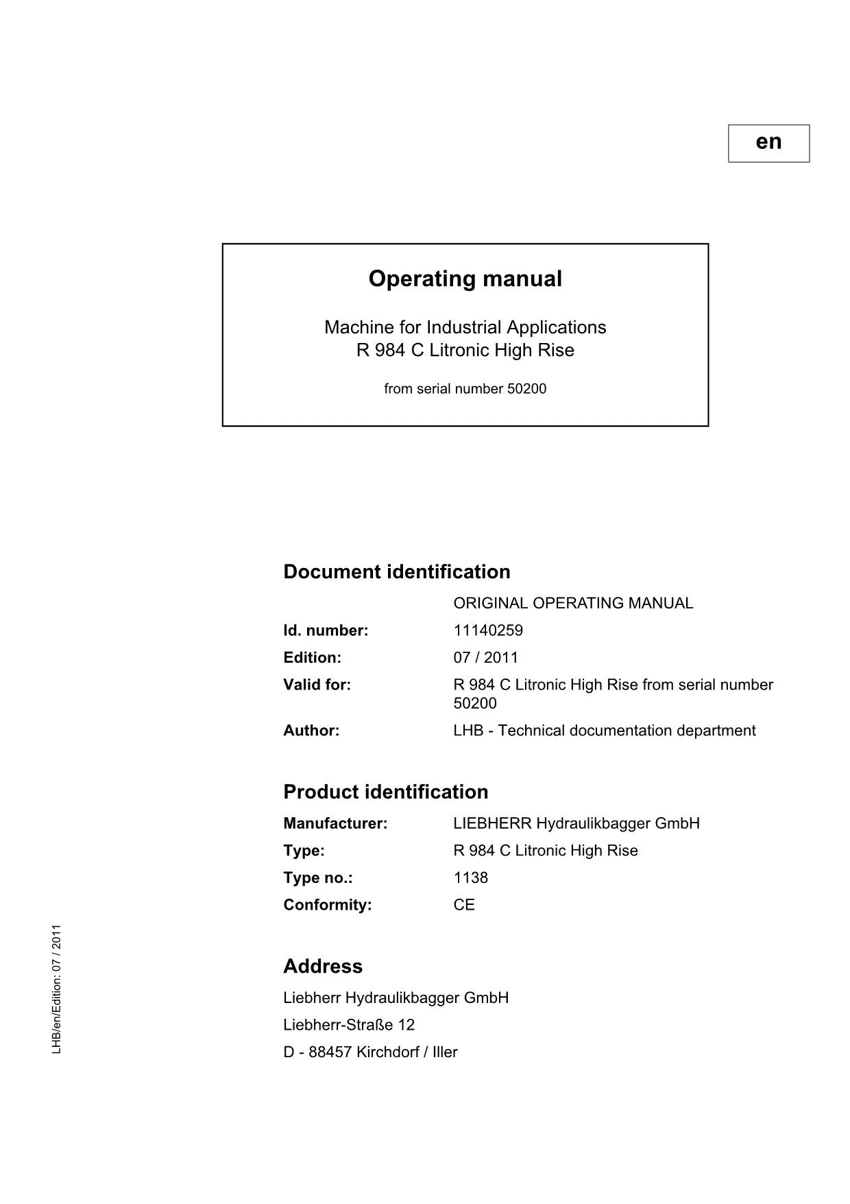 Liebherr R984 C Litronic High Rise Excavator Operators manual