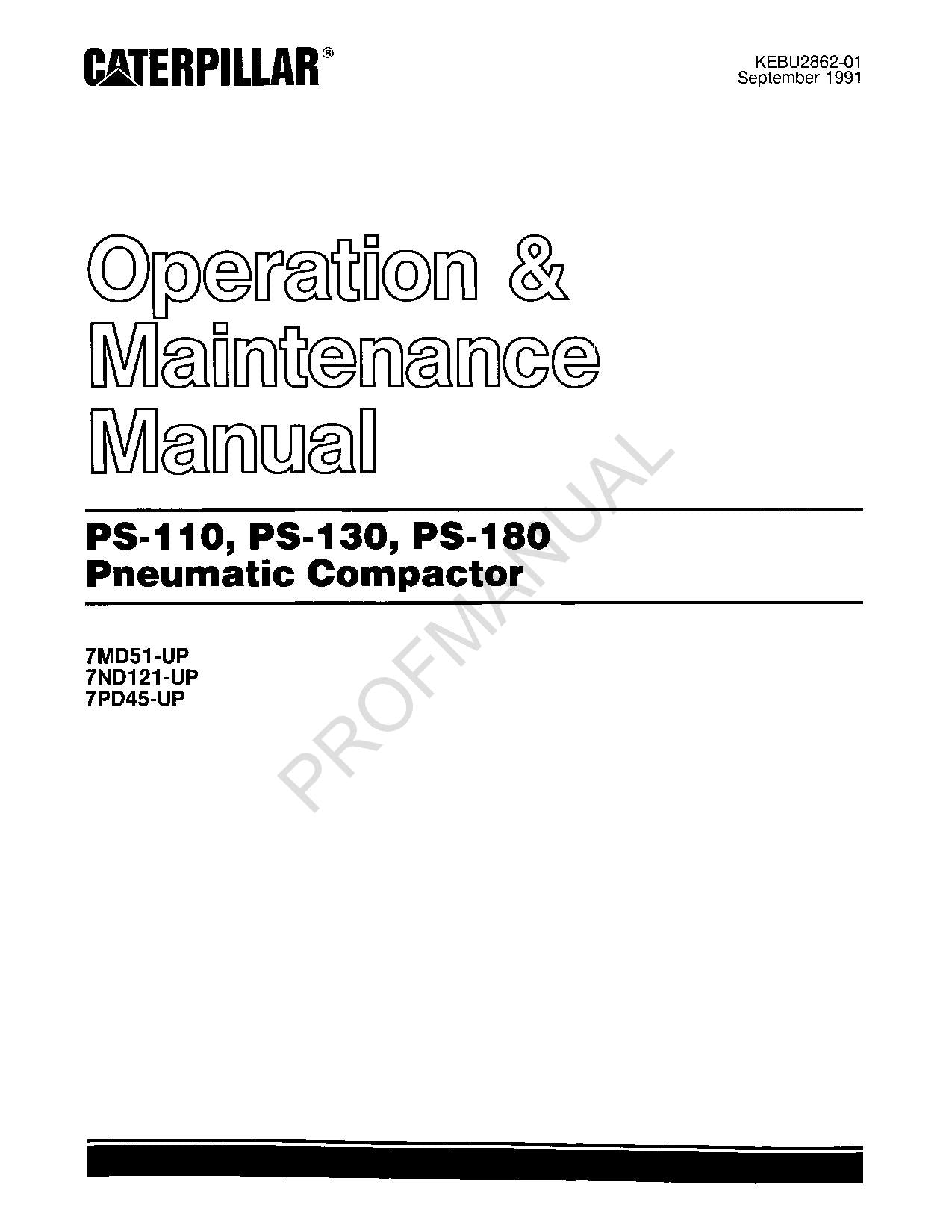 Caterpillar PS 110 130 180 Pneumatic Compactor Operators Maintenance Manual