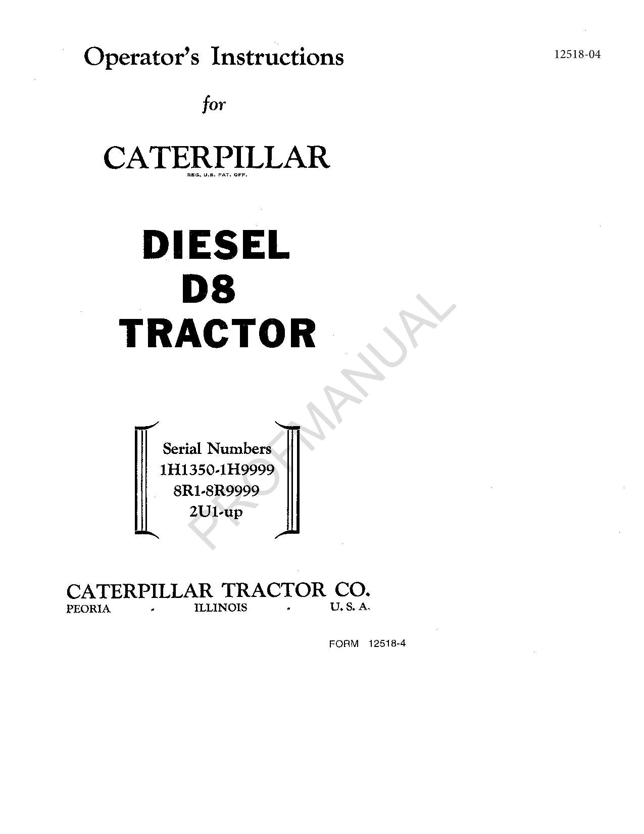 Manuel d'entretien du tracteur Caterpillar Diesel D8