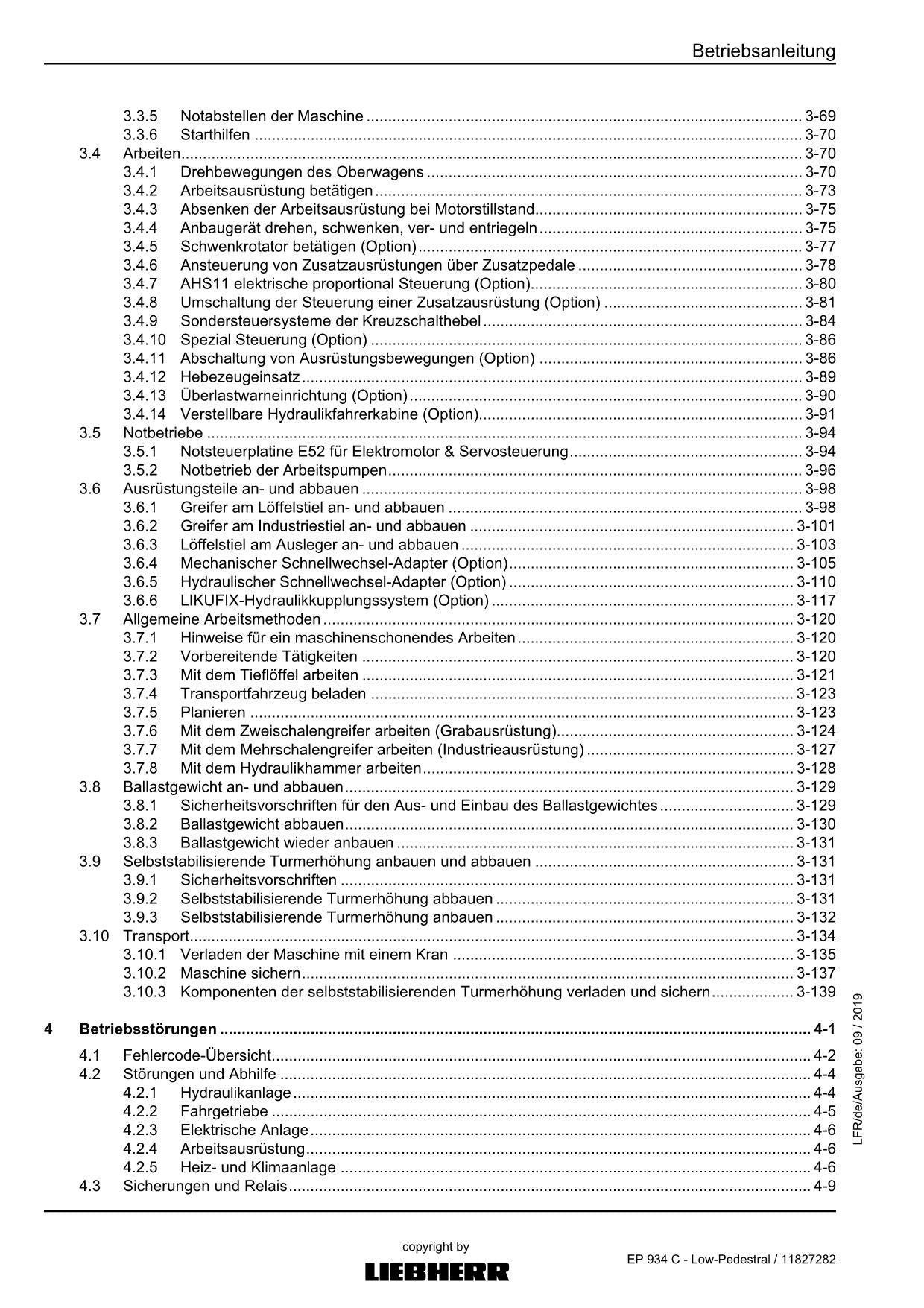 Liebherr EP934 C Low-Pedestral Hydraulikbagger Betriebsanleitung