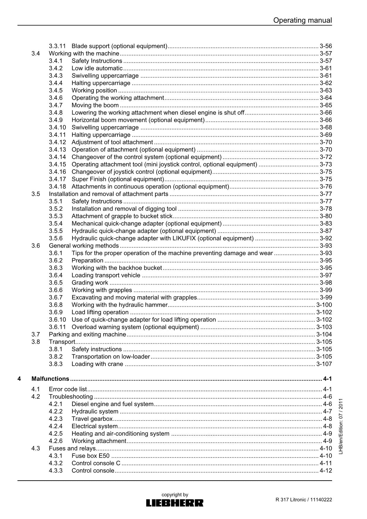 Liebherr R317 Litronic Excavator Operators manual serial 57182