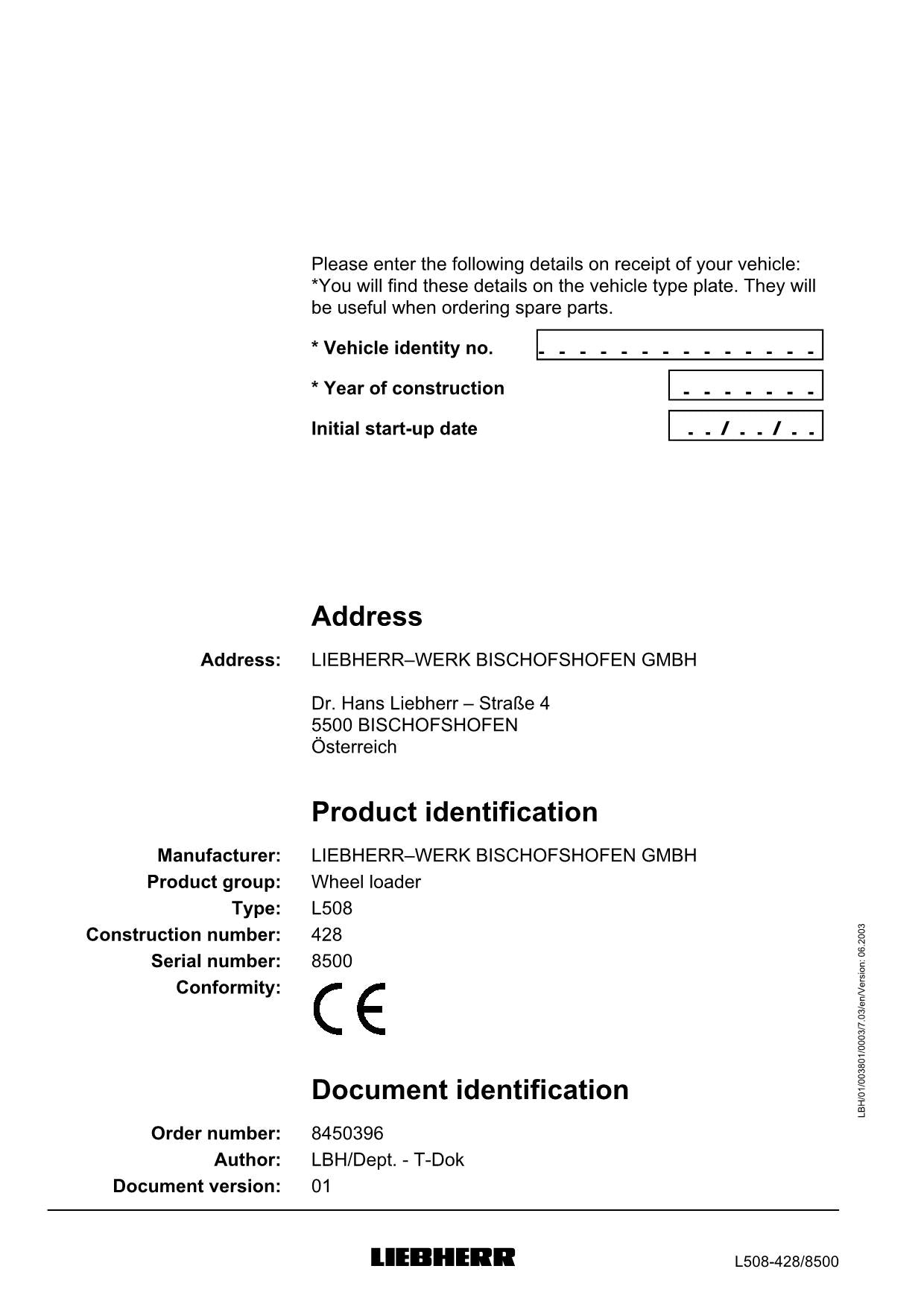 Liebherr L508 Stereo Wheel Loader Operators manual