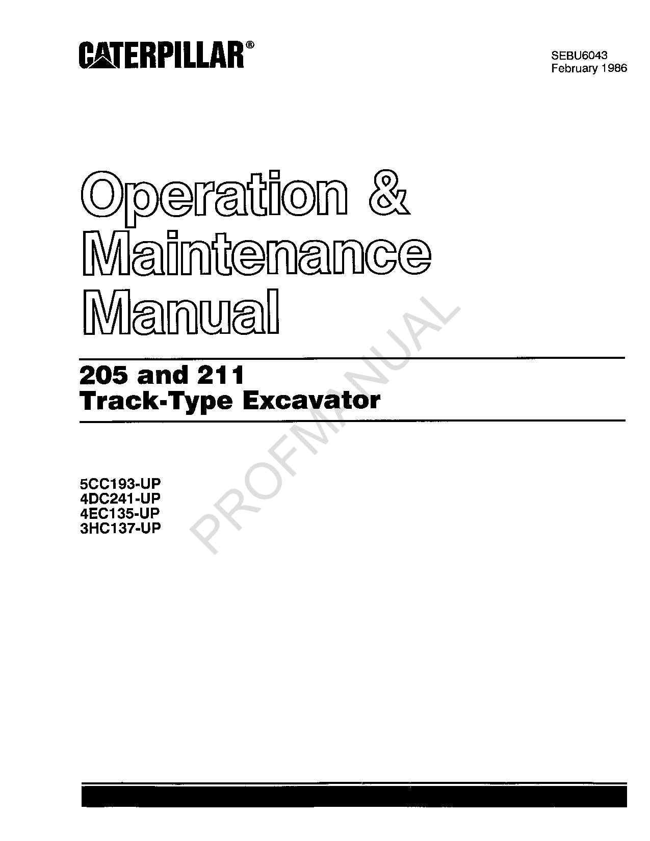 Manuel d'entretien de l'opérateur de la pelle sur chenilles Caterpillar 205 211 SEBU6043