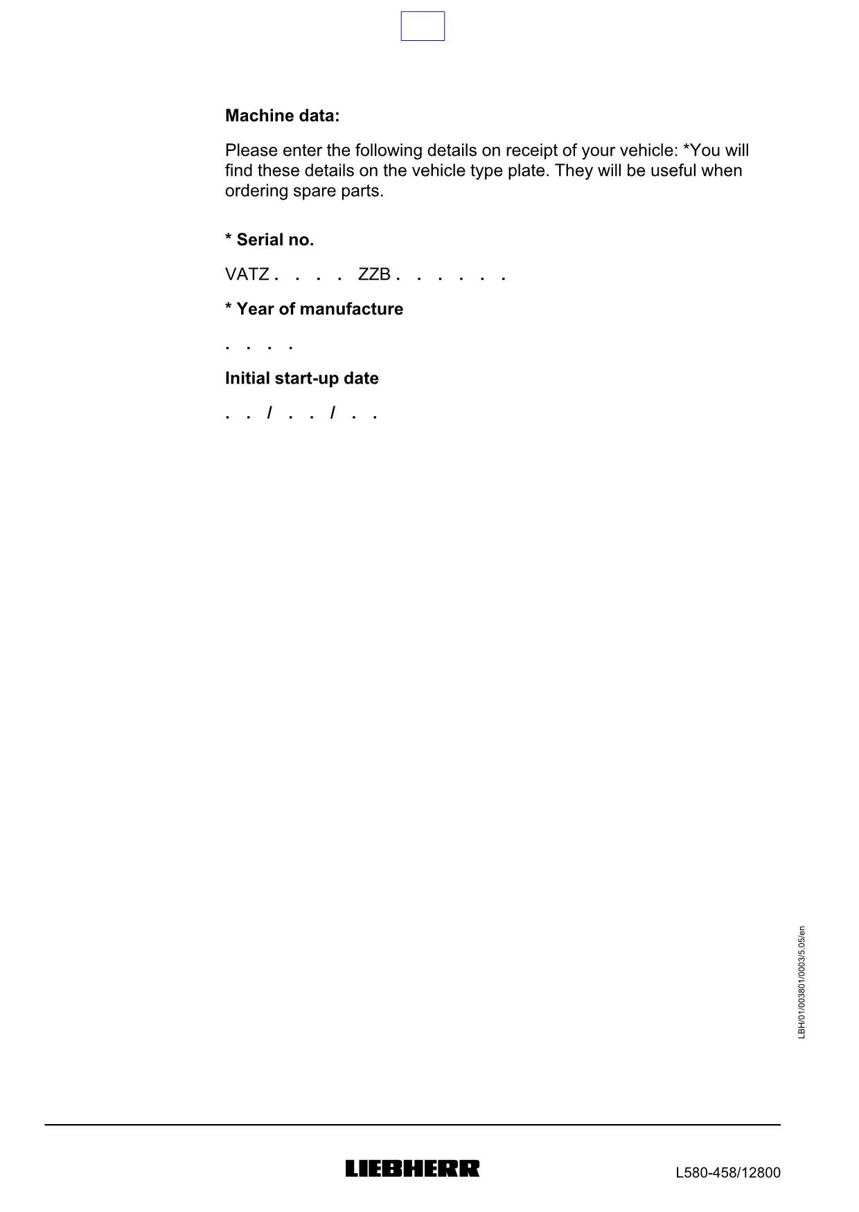 Liebherr L580 Wheel Loader Operators manual serial 12800