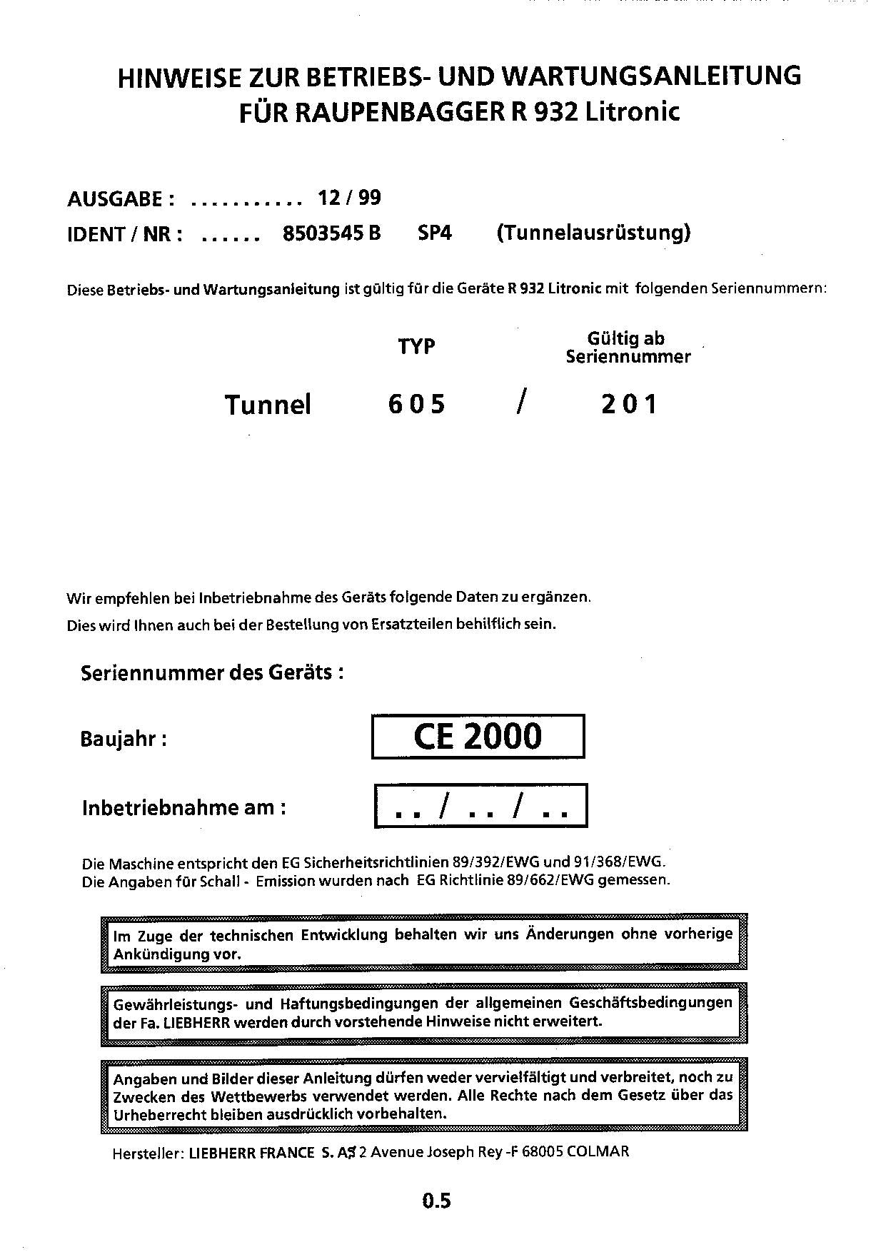 Liebherr R932 Tunnel Raupenbagger Betriebsanleitung Wartungsanleitung