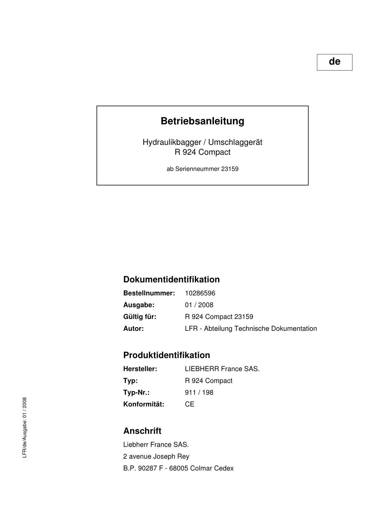 Liebherr R924 Compact Hydraulikbagger Umschlaggerät Betriebsanleitung